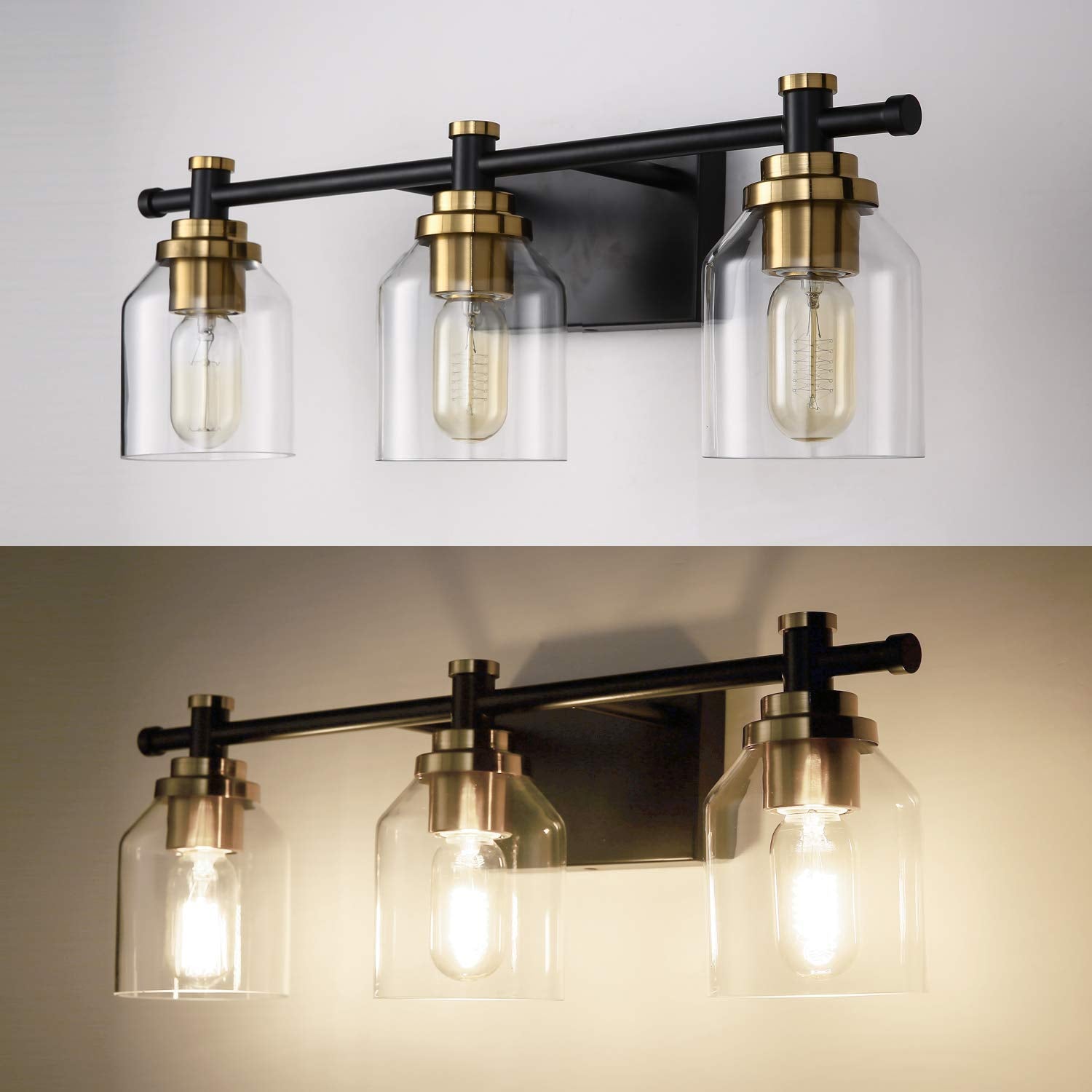 SOLFART Vintage Bathroom Vanity Light - 3-Light Globe Fixture, Glass Shade, Black and Brass, Model 7900