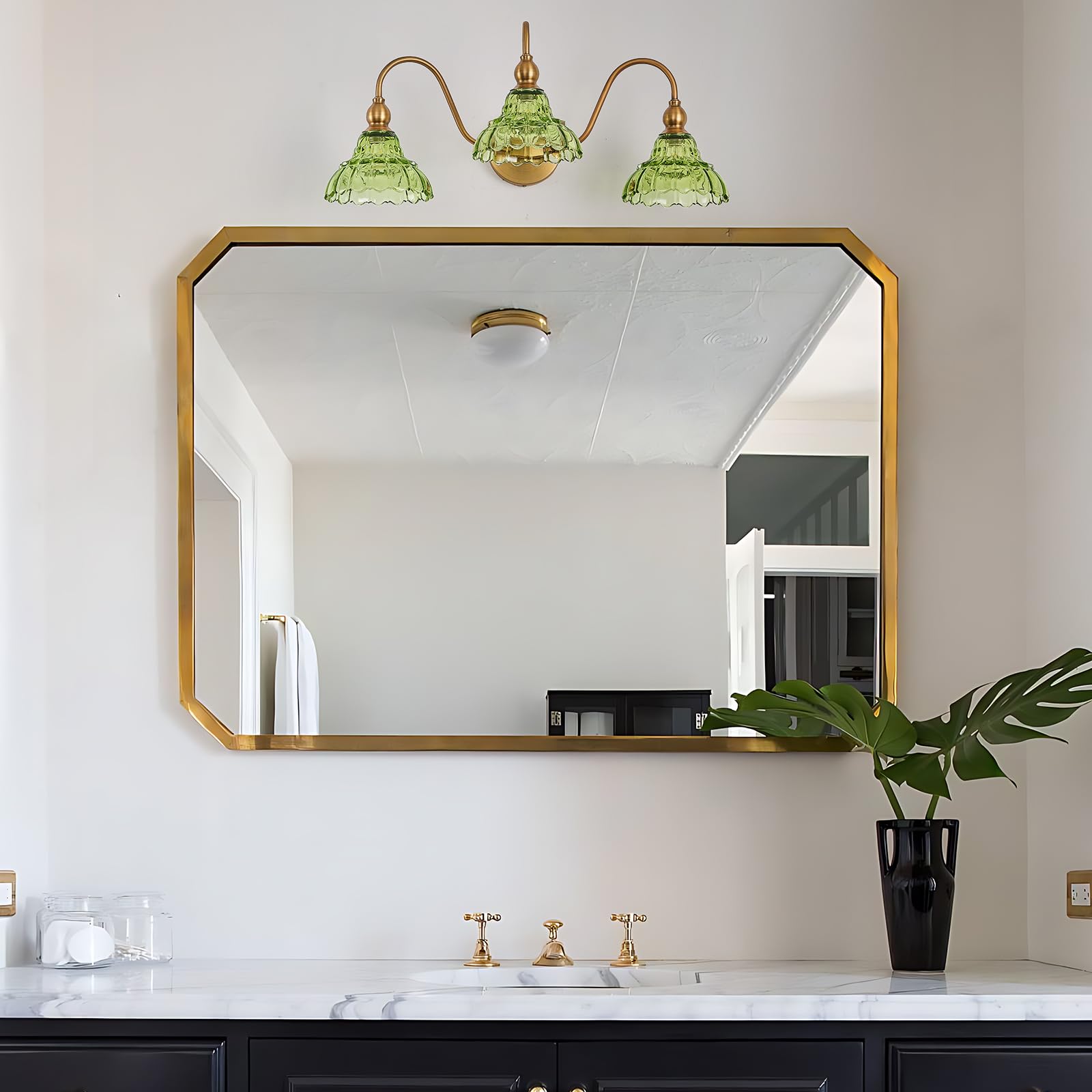 TLOLGT Vintage 3-Light Bathroom Vanity Light Fixture - Green Glass Wall Sconces for Bedroom, Living Room, Kitchen, Model LS178-3
