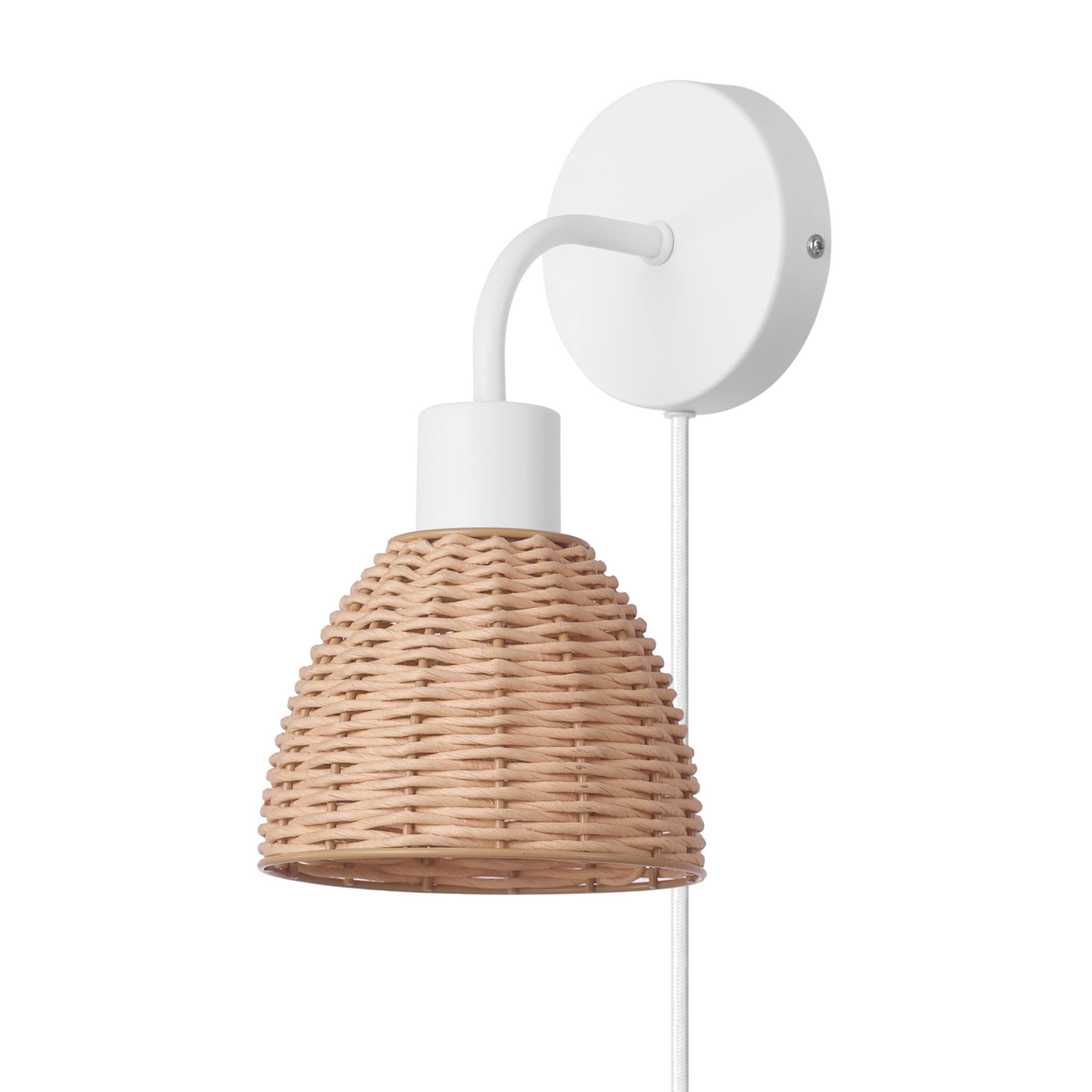 Globe Electric 65928 Briar 1-Light Plug-in or Hardwire Wall Sconce, Matte White, Rattan Shade, 6ft White Braided Fabric Designer