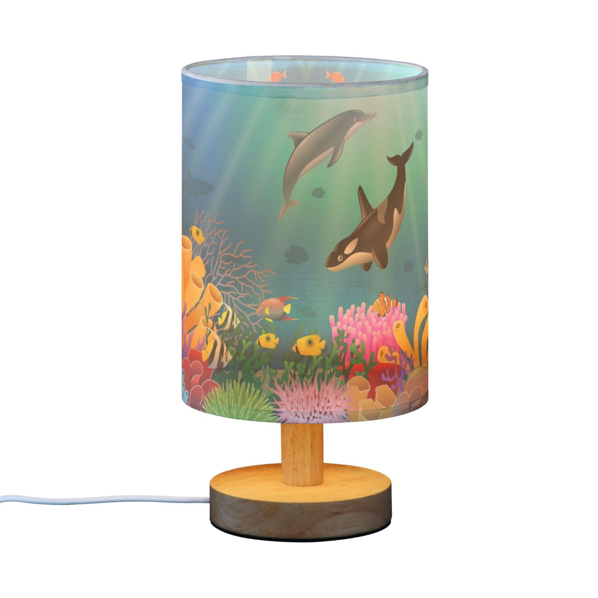 Yyzzh Table Lamp Cartoon Dolphin Killer Whale Sea Fish Coral Underwater In Ocean Nightstand Lamp With Wood Base Fabric Lamp Shad