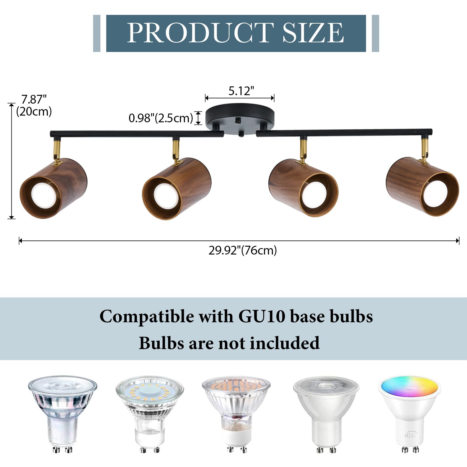 Modern 4-Light Track Lighting Kit Fixture, Adjustable Matte Black Finish And Dark Wood Lampshade Ceiling Light, Brass Swivel Ite