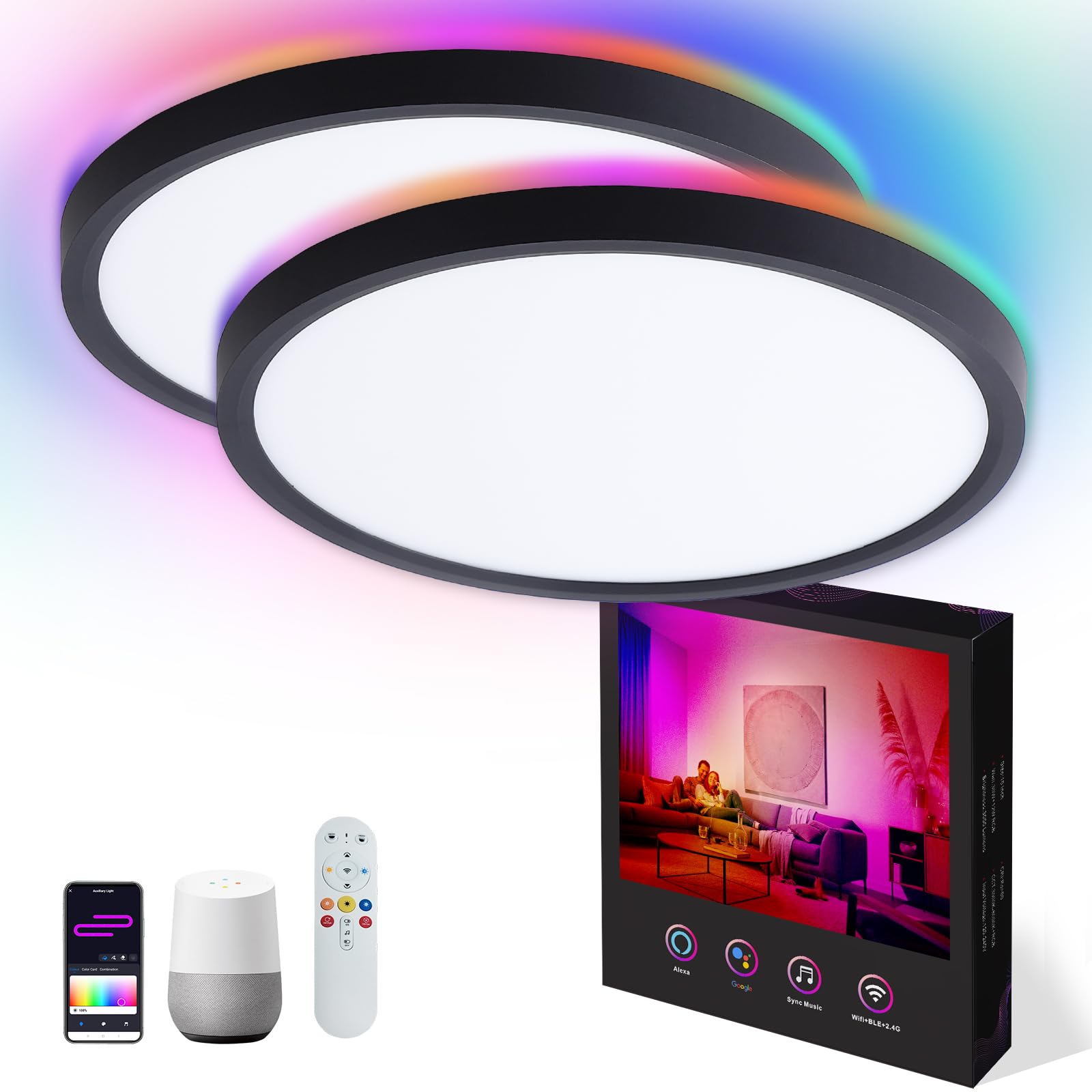 Vocgouu 2 Pack 12 Inch Smart Ceiling Lights Black Rgb Compatible With Alexa, Remote Control, Wifi And Tuya App - Color Changing 
