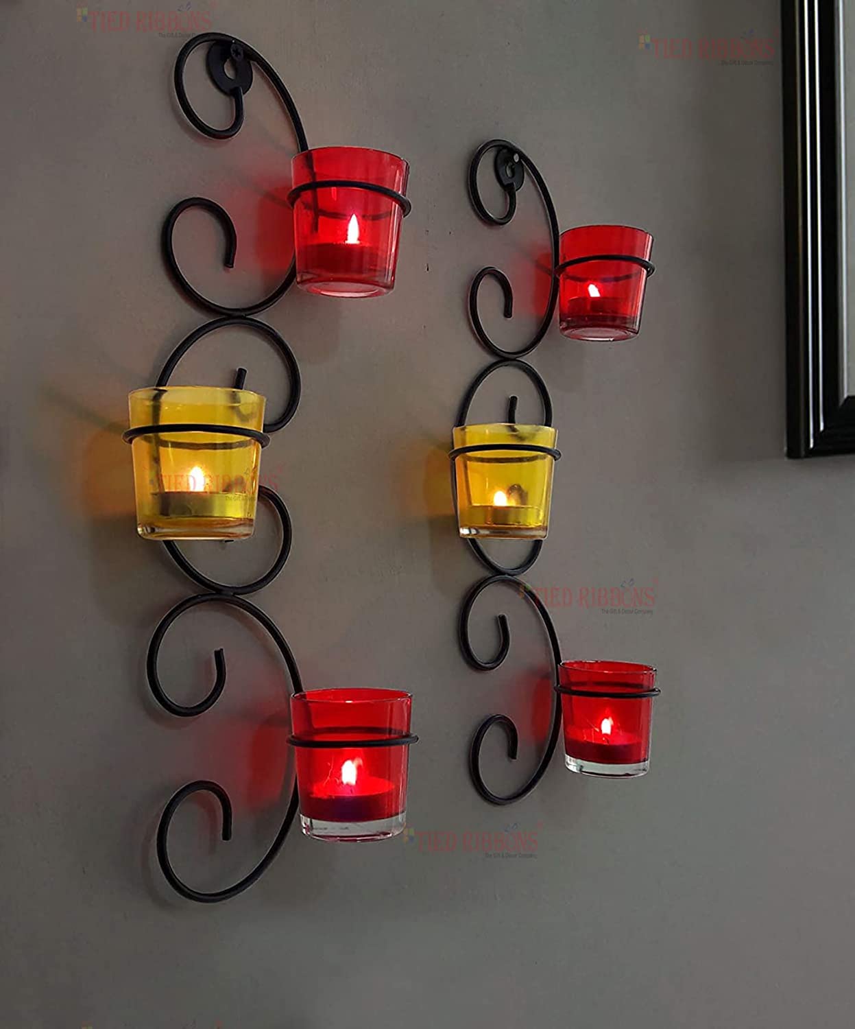 TIED RIBBONS Decorative Wall Hanging Tea Light Candle Holder Metal Wall Sconce with Glass Cups - Christmas Decorations Items for