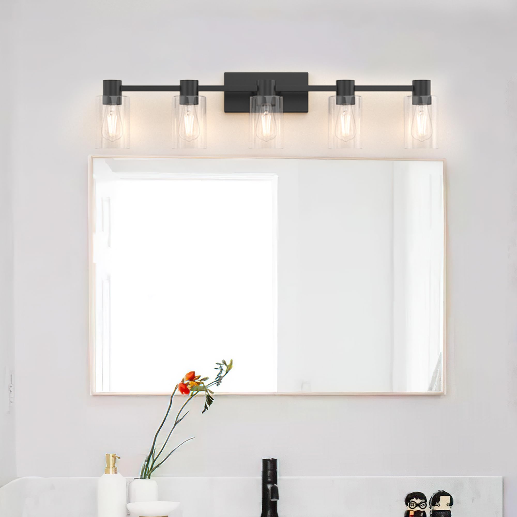 Esfos 5-Light Modern Vanity Light Fixtures Over Mirror, Matte Black Bathroom Light Fixtures, Vanity Lights, Wall Sconce With Clear Glass Shade For Bathroom, E26 Base
