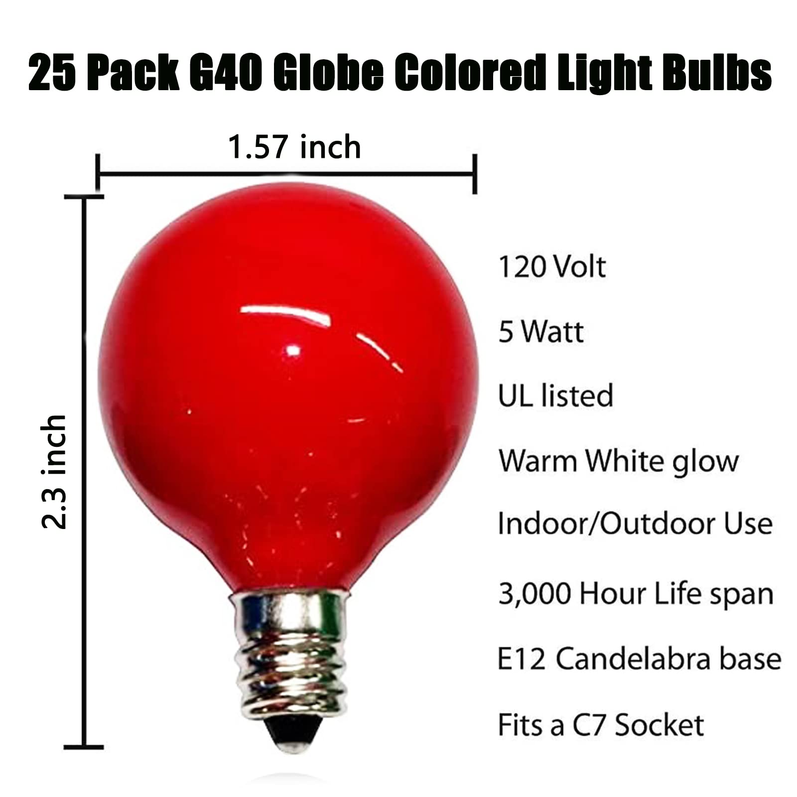 G40 Multicolor Christamas Light Bulbs 25 Pack Ceramic Colorful Replacement Bulbs, 1.57 Inch Globe Light Bulb, E12/C7 Candelabra Base Light Bulbs For Indoor Outdoor Christmas Lights Decor, 5 Watts