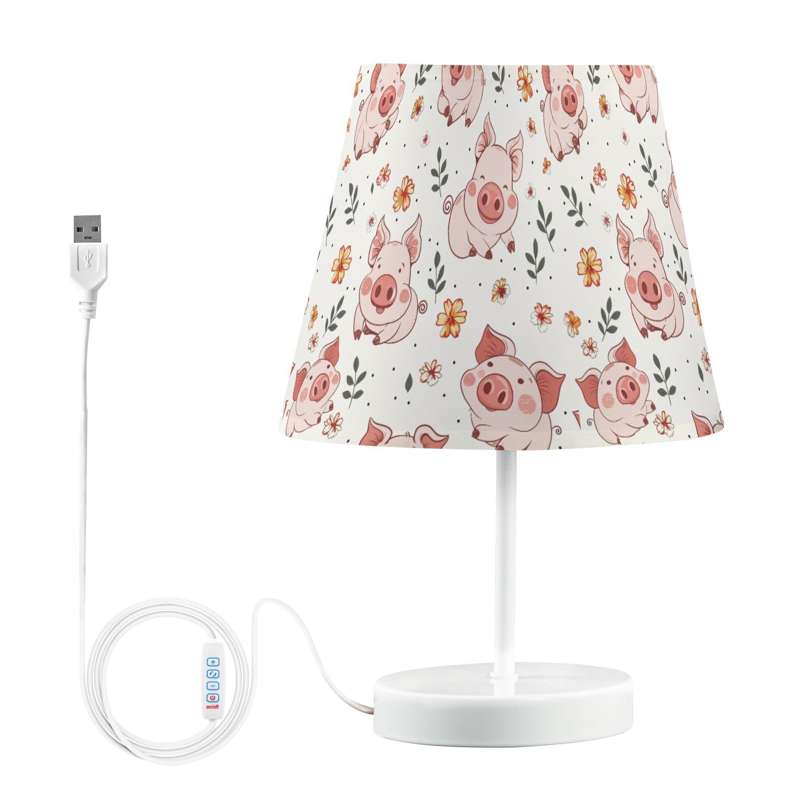 ALAZA Pig Piggy Flower White Decor Bedside Table Lamp with USB Port 3 Color Temperatures LED Desk Lamp for Bedroom Office S