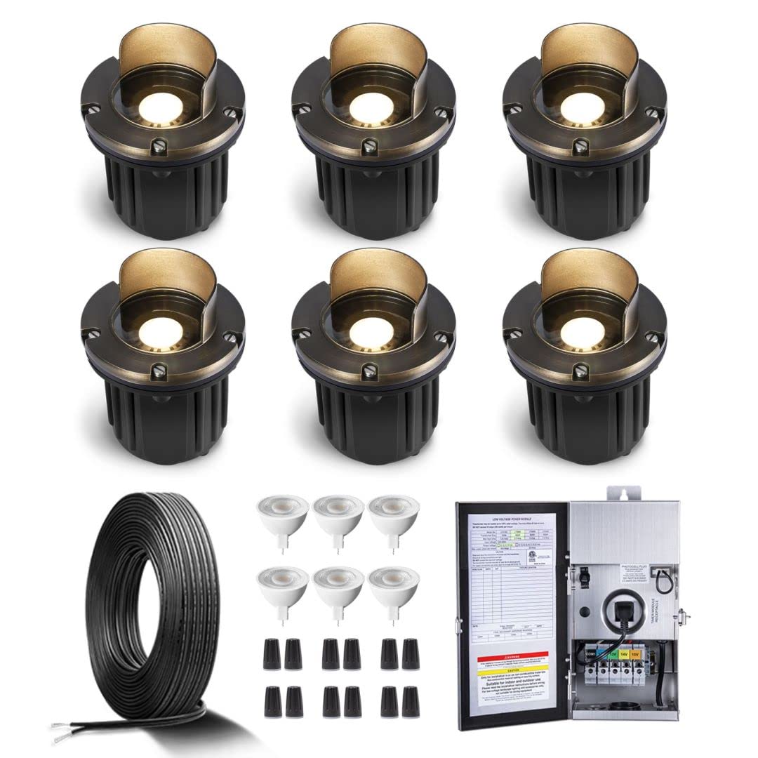 Gardenreet Brass In Ground Lights Kit - 6 Pack with 150W Transformer, MR16 Bulbs, 100ft Wire, Bronze-Shield Top