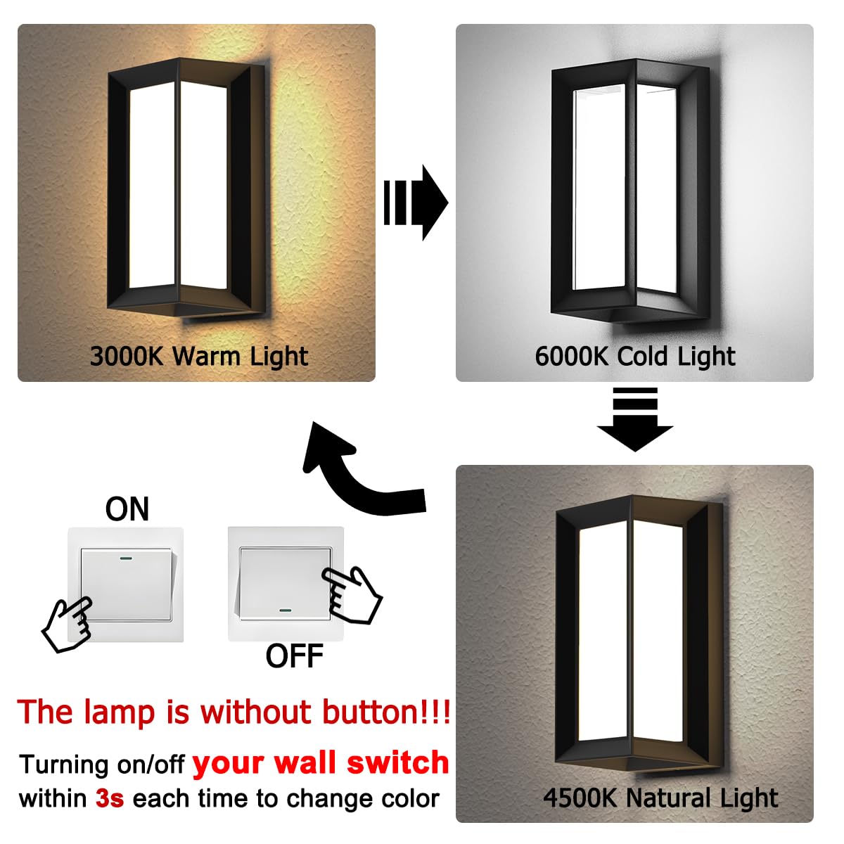 Sytmhoe Modern Led Outdoor Wall Sconce, 24W Matte Black, 3-Color Changeable, Patio Light