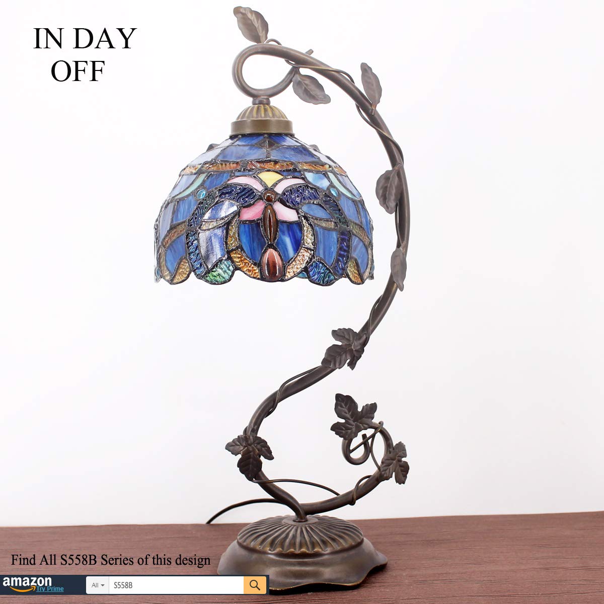WERFACTORY Tiffany Table Lamp, Blue Purple Cloudy Glass, 8X10X21 Inches, Metal Leaf Base, S558 Series, Ideal for Bedroom or Office
