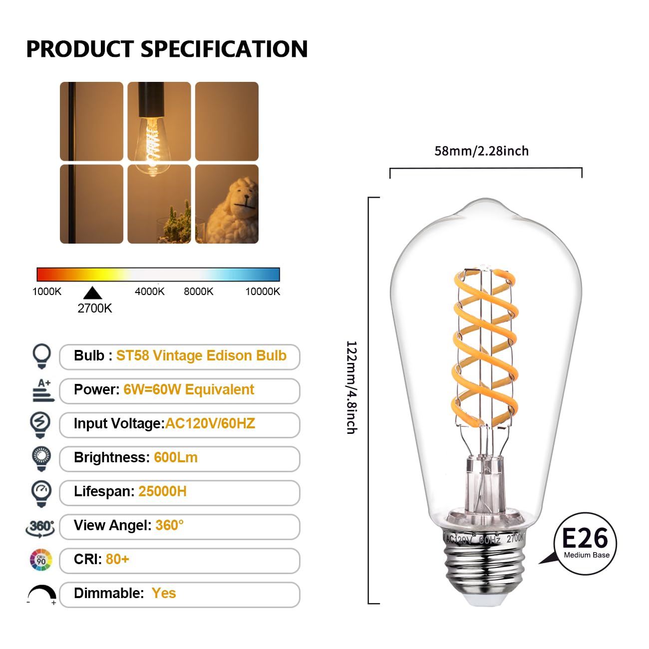BORT Dimmable LED Edison Bulbs, 6W Equivalent, ST58 2700K Warm White, 4-Pack, Antique Flexible Spiral Filament