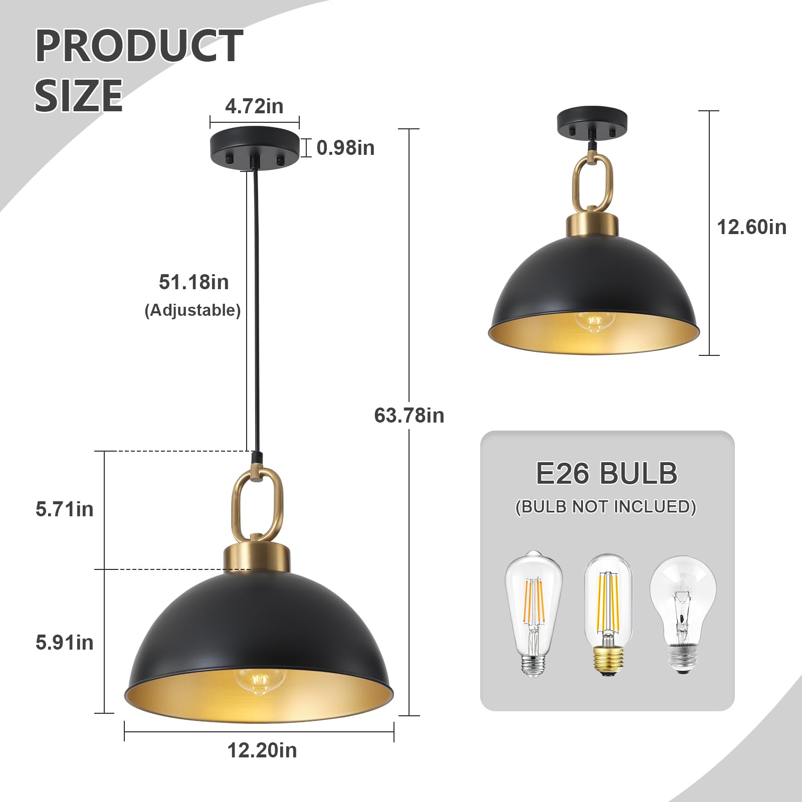 TinHon Farmhouse Pendant Light Fixture 2 Pack, 12.2in Adjustable Height, Matte Black with Gold Handle, Vintage Metal Shade