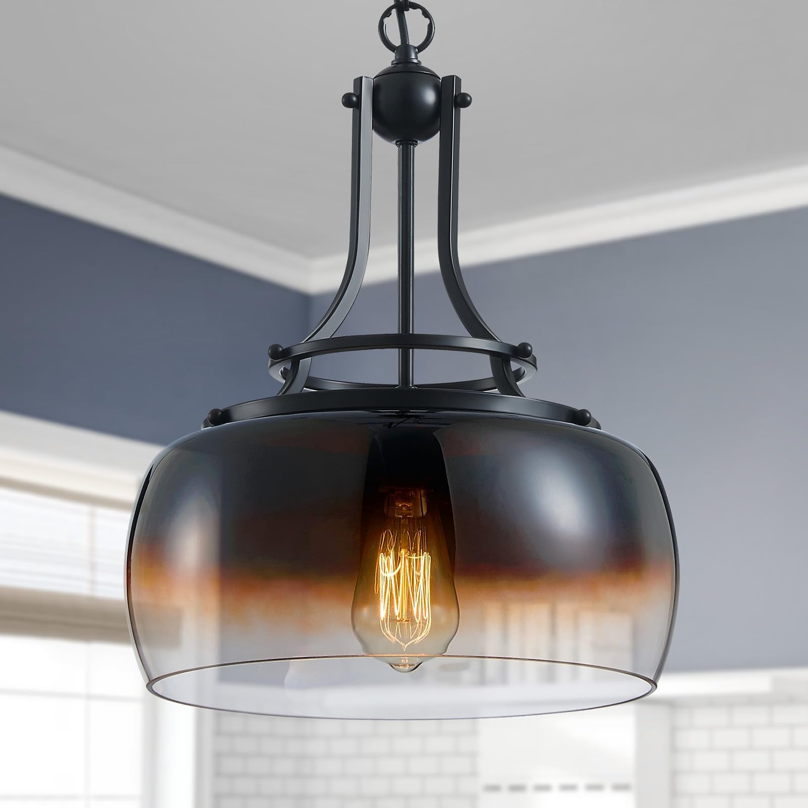 WUZUPS Chandelier Rustic Farmhouse Industrial Round Ceiling Pendant LED Light Fixture with Amber Gradient Black Glass Shades for