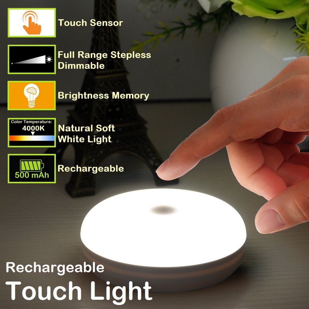 RTSU Rechargeable Touch Light, LED Night Lamp with Touch Sensor, Stepless Dimmer, Built-in Battery, White, Model SQ-066