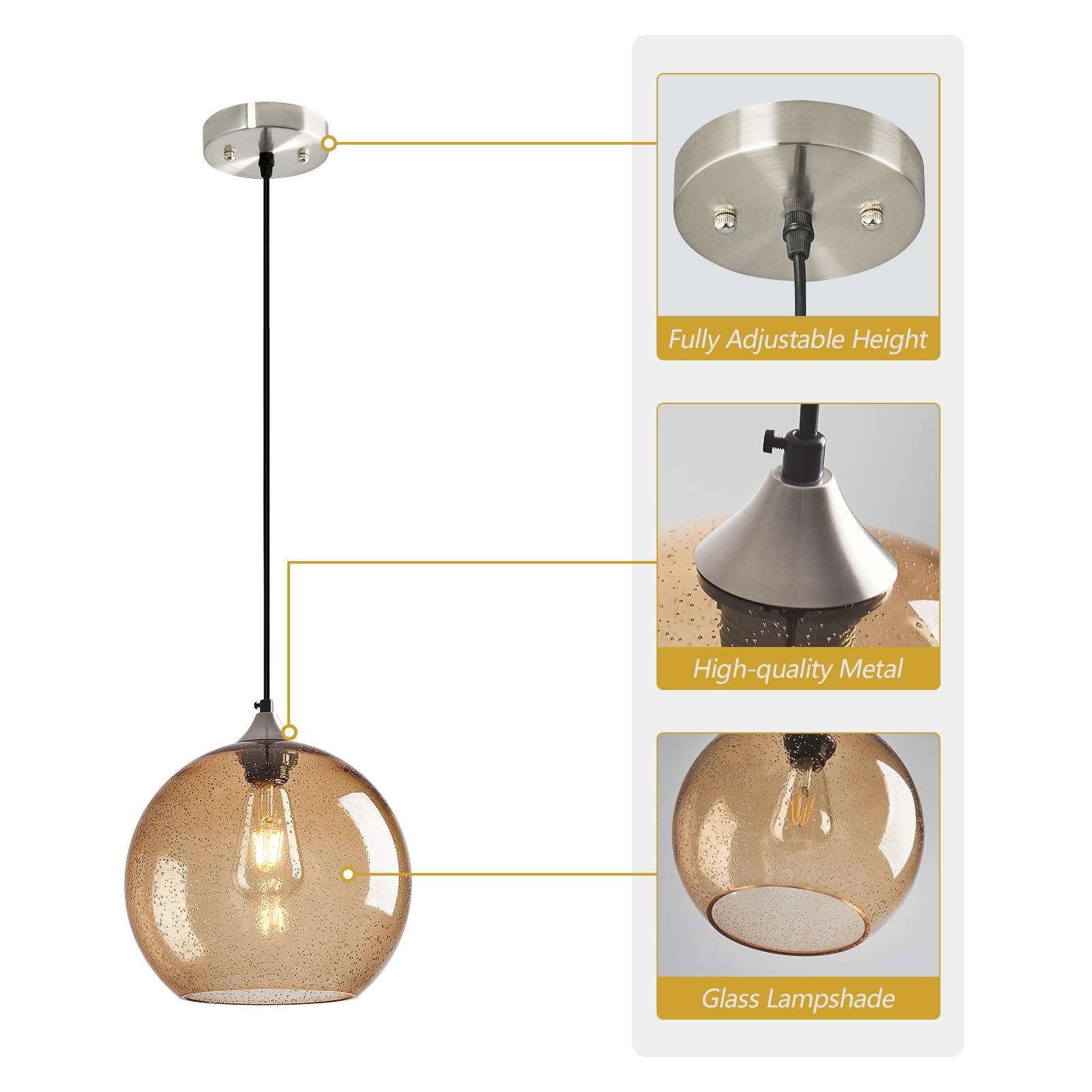 Lbsqj Light Brown Glass Pendant Lights Kitchen Island Globe Pendant Light Fixtures Modern Pendant Lighting For Bedroom Living Dining Room Light Fixture (9.84 In  1 Pack)