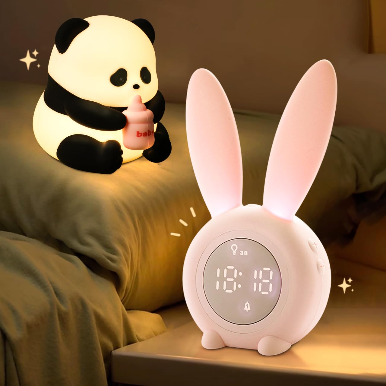 Cute Panda LED Night Light, Dimmable Squishy Night Lamp, Silicone Night Bedroom Lamp, USB Rechargeable Desktop Light, Bunny Alar
