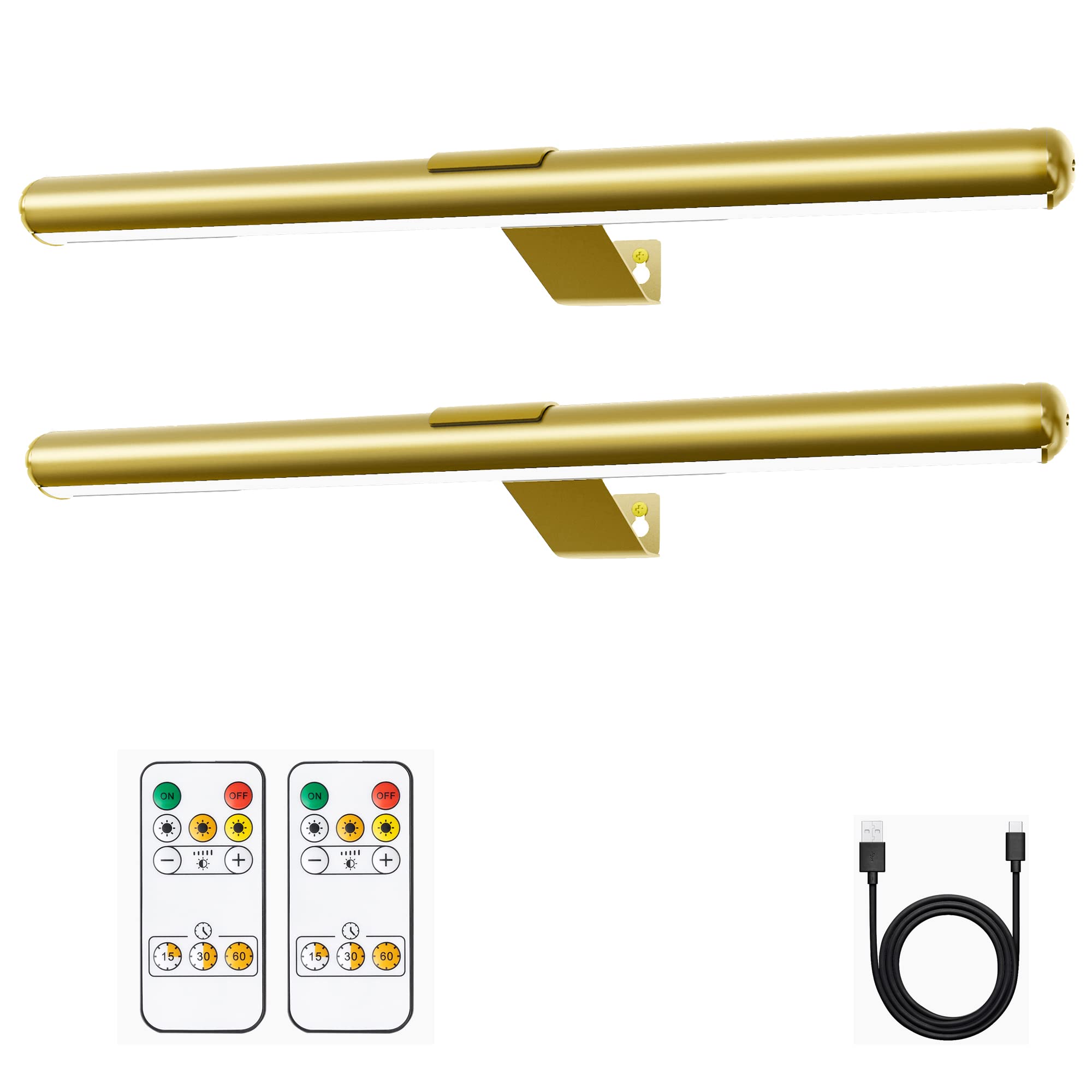 TINTINDOC Battery Picture Lights, 16 Inch, Wireless Rechargeable, Dimmable LED Wall Light, Gold, Model YM-TY, 2-Pack
