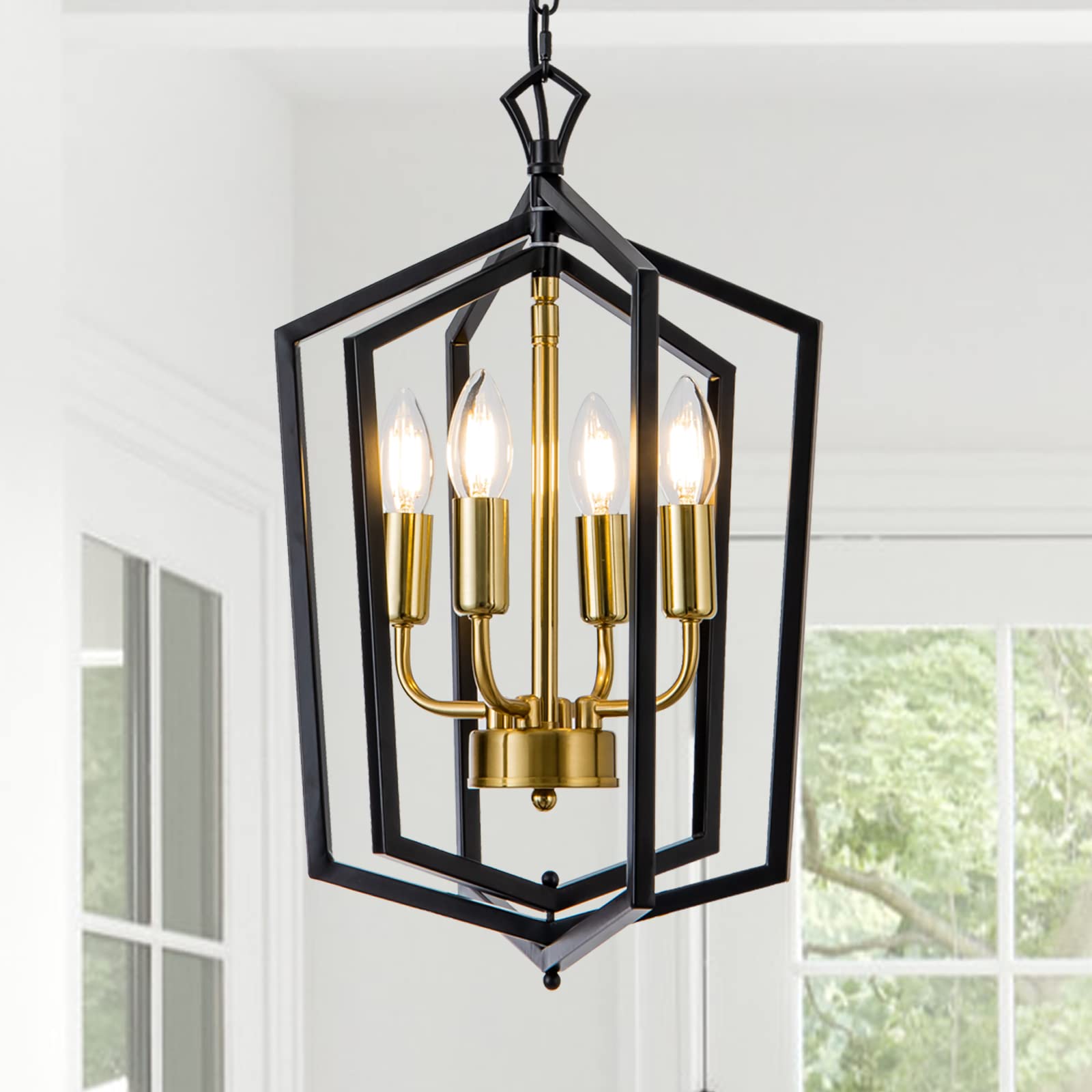 Lanhall 4-Light Metal Chandelier Pendant Light Fixture, Black + Brushed Brass, Modern Design for Dining Room, Kitchen Island, Model 500-100-1037