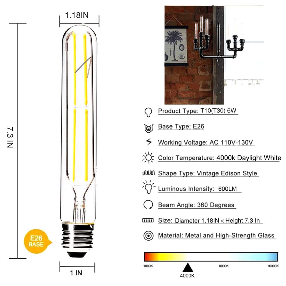 Vctc Lighting Dimmable T10 Led Bulbs,4000K Daylight White,6W Tubular Light Bulb, Edison Led Bulb 60 Watt Equivalent,E26 Medium B