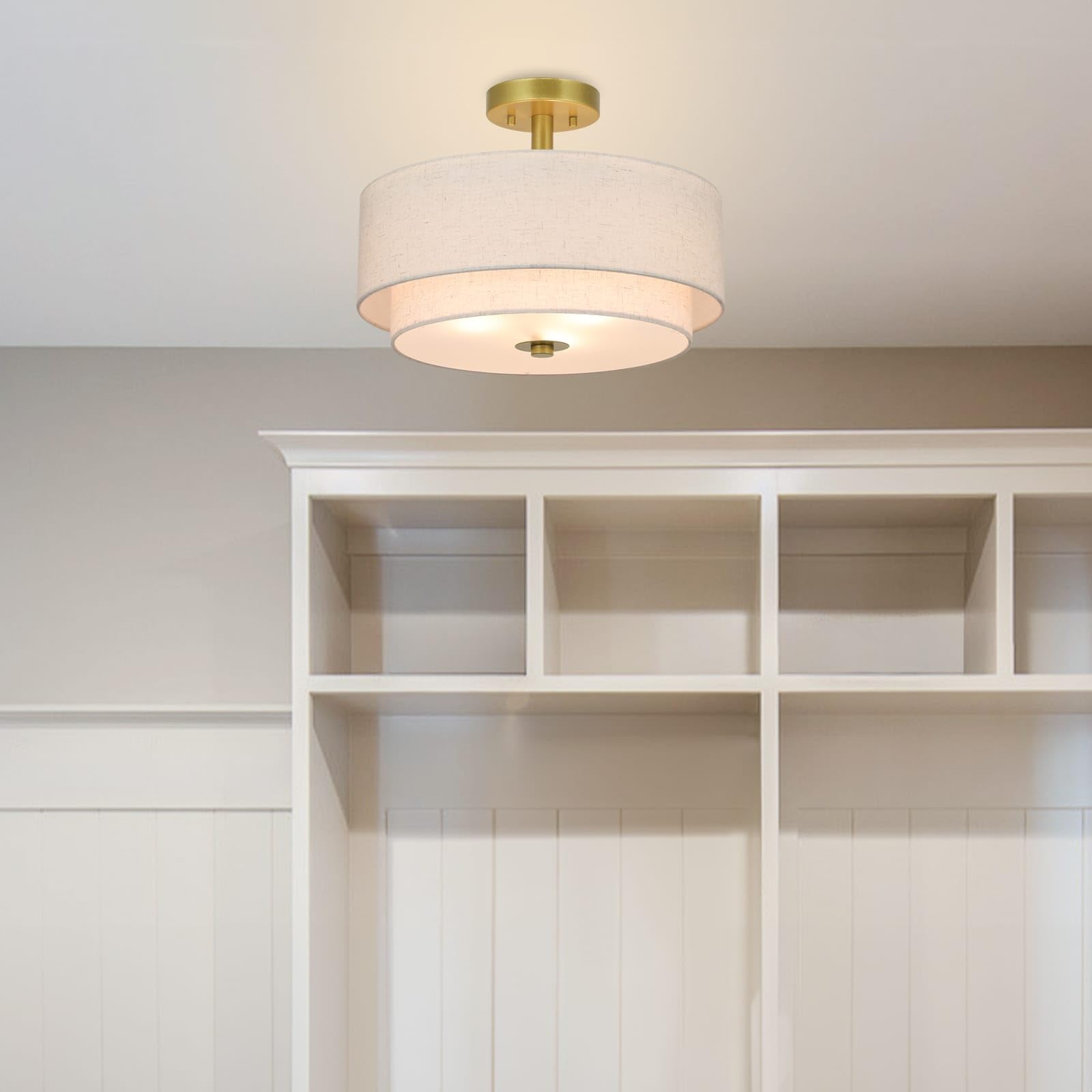 Xinbei Lighting 3 Light Semi Flush Mount Light, Close To Ceiling Light Fixture With Fabric Shade Retro Gold Brass 16 Inch Semi F