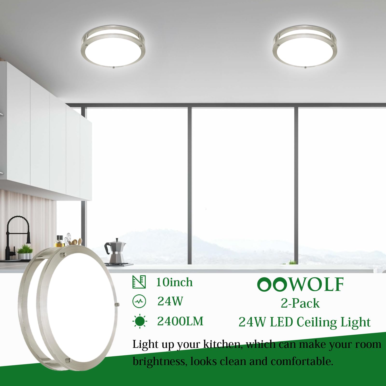 OOWOLF 10 Inch LED Ceiling Light, 24W Brightness Adjustable, Brushed Nickel, 2-Pack, Daylight White, Model CT65N2