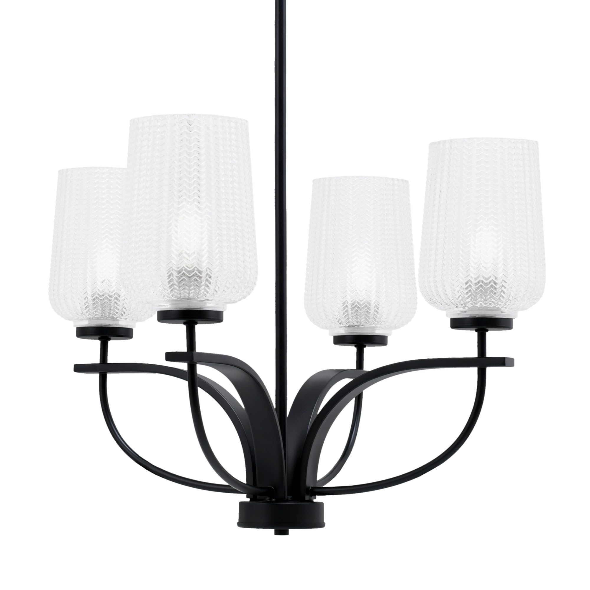 Toltec Lighting Cavella 4 Light Chandelier Shown in Matte Black Finish with 5" Clear Textured Glass