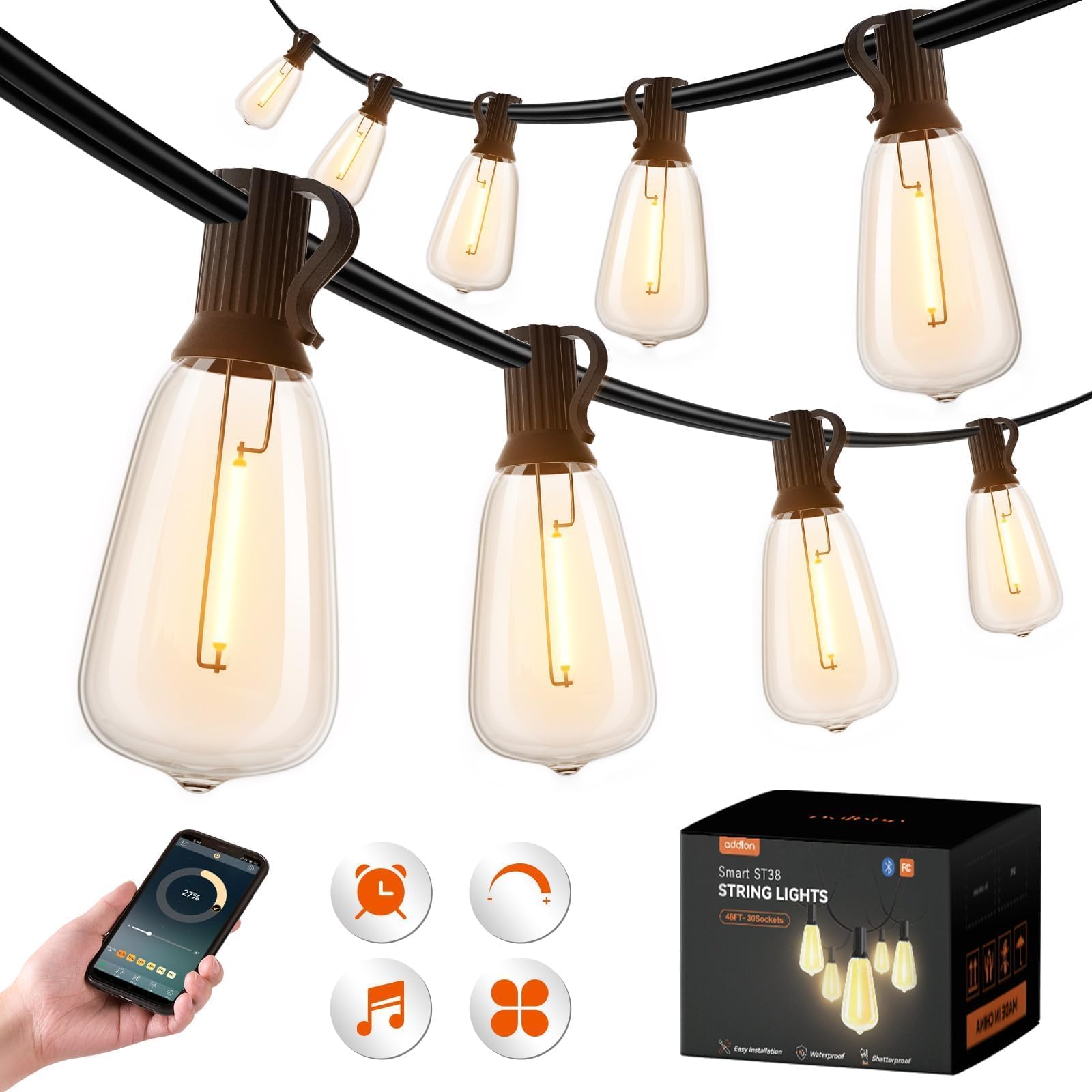 addlon 48FT Smart Outdoor String Lights, Dimmable Warm White LED Edison Bulbs, APP Control, Waterproof for Patio & Party, Model AED12J-2400500VLSO8