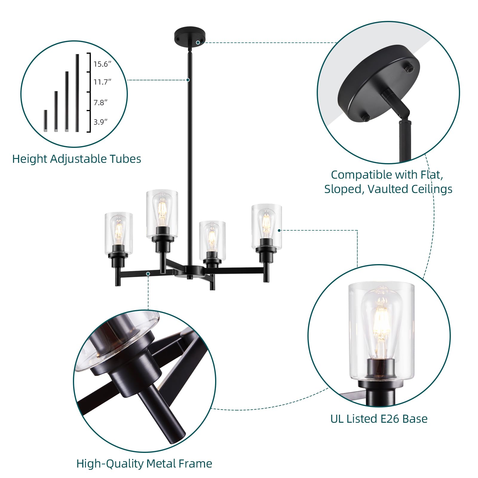 Seilisy 4 Lights Black Dining Room Light Fixture Chandelier, Farmhouse Contemporary Modern Pendant Ceiling Hanging Lighting With