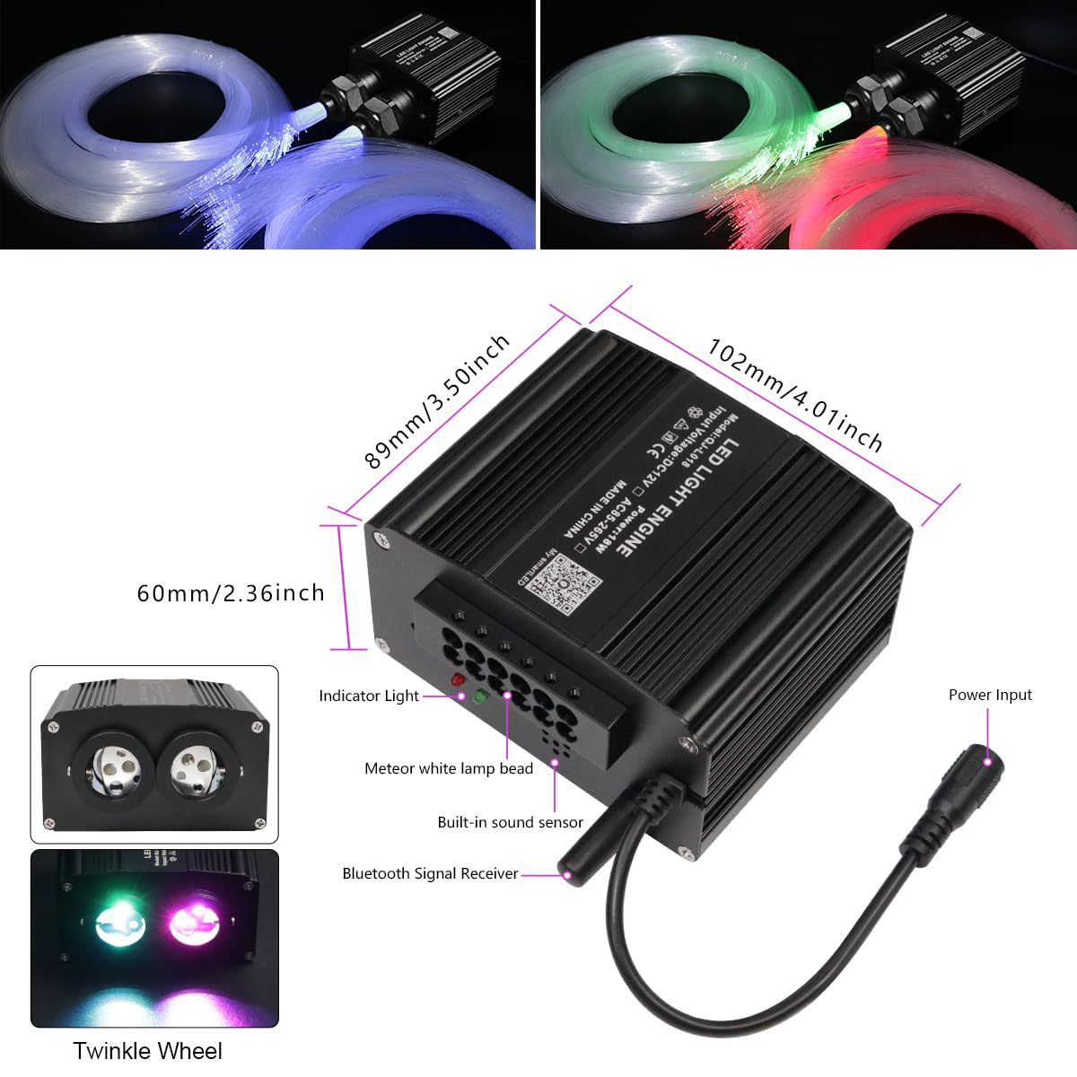 AZIMOM Dual Color 18W Twinkle Fiber Optic Starlight Box, Sound Activated, Pure White Meteor, RGBW Light for Car/Home, Model LS-88, Black