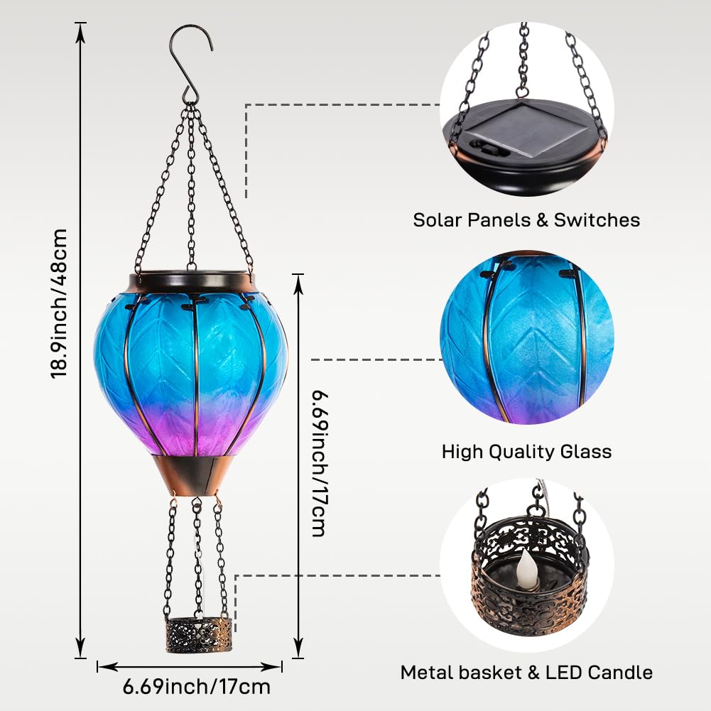Starsoul Solar Hot Air Balloon Lantern with Candle Holder, Blue, Decorative Hanging Light for Lawn, Porch, Tree, Yard