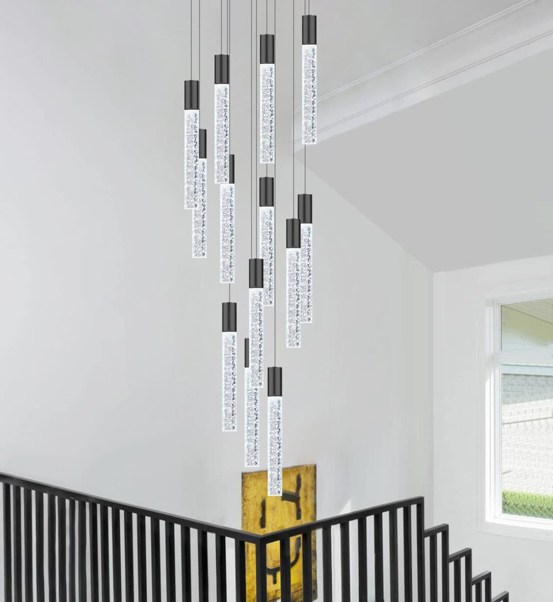 HAIXIANG 118" High Ceiling Chandelier, 12-Light Matte Black, Remote Dimmable, Stainless Steel & Crystal, Model MMQ3810