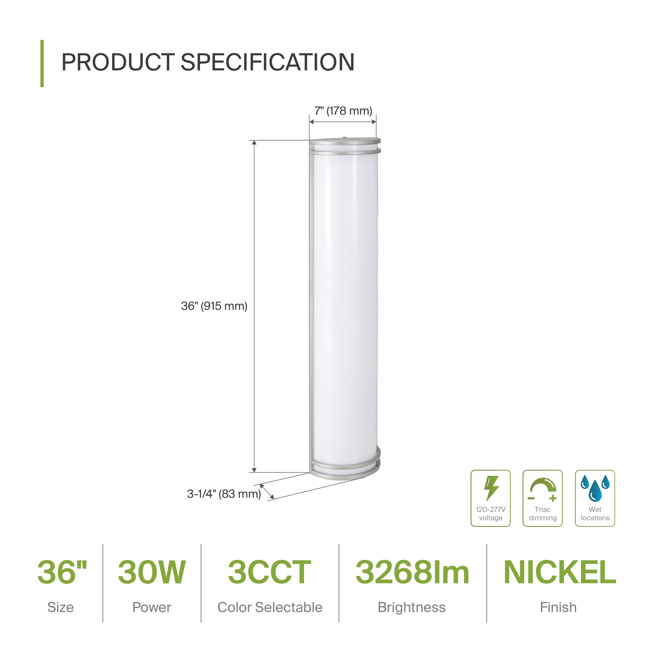 ASD LED Outdoor Wall Mount Light Fixture - 36 Inch, Brushed Nickel, 30W, Dimmable, ETL, 2 Pack, Model A-LWS21M36D30