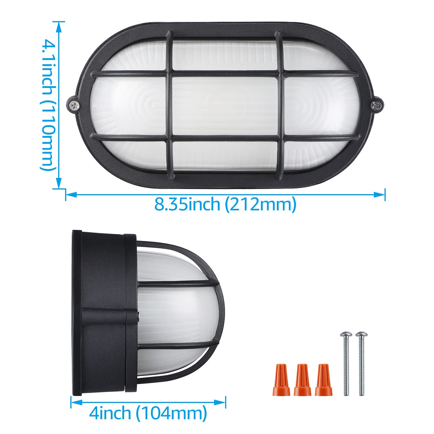 LEONLITE 8.5'' Nautical Bulkhead Wall Light, ETL & UL Listed, Aluminum with Frosted Glass, Black, Model 81312, Pack of 2
