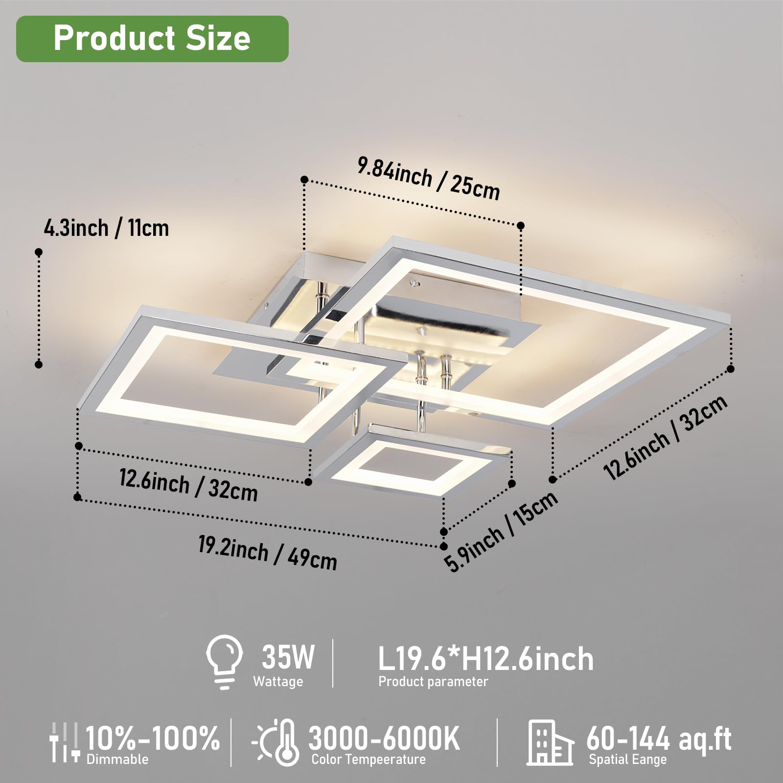 Hlilceh Modern Chrome Led Ceiling Light 3-Square Design 3000K-6500K Dimmable Led Ceiling Light With Remote 33W Acrylic Ceiling L