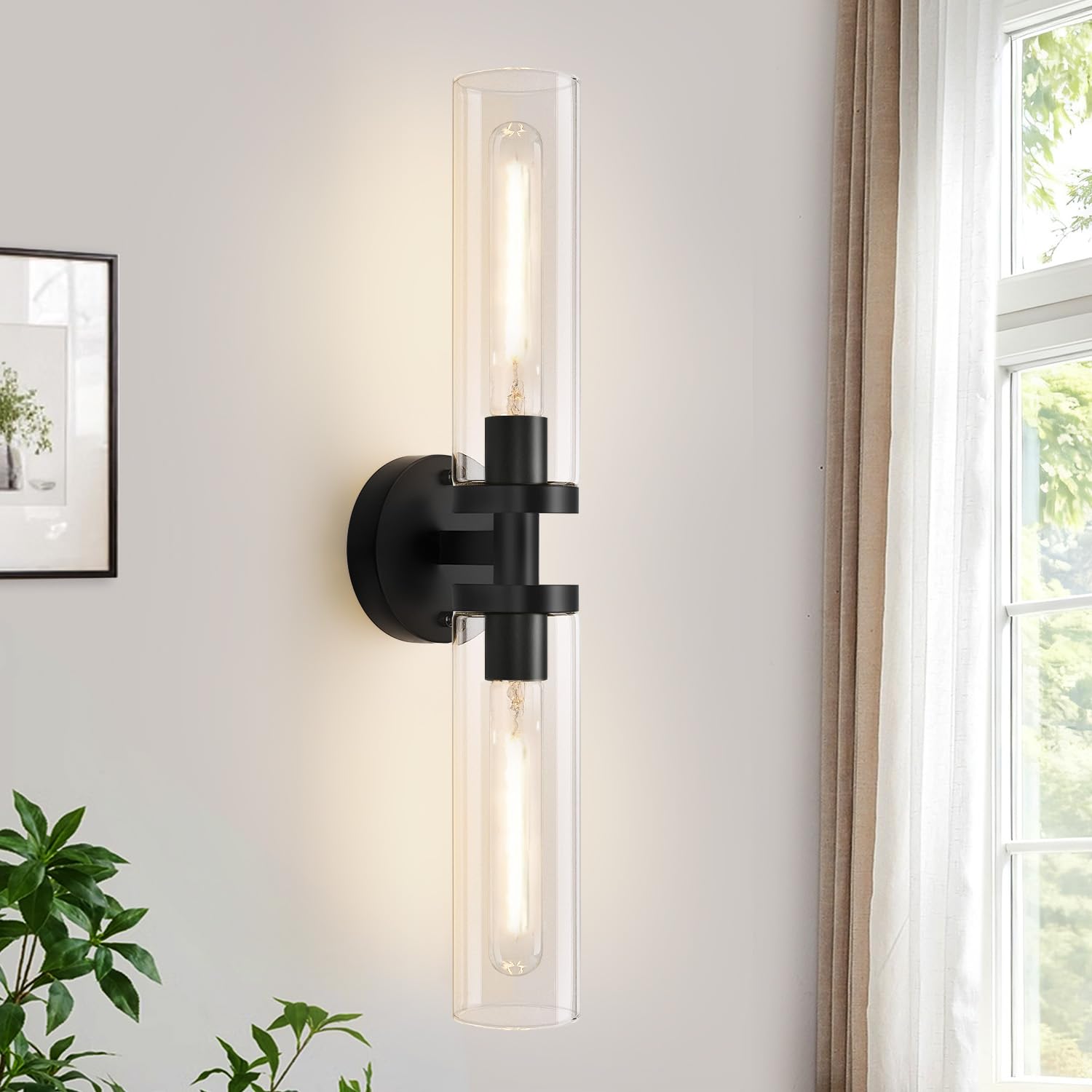 Indoi Matte Black Wall Sconces  Hardwired Bathroom Sconces Wall Lighting with Clear Glass  Modern Sconces Wall Light fixtures for Bathroom Mirror Living Room Hallway Bedroom