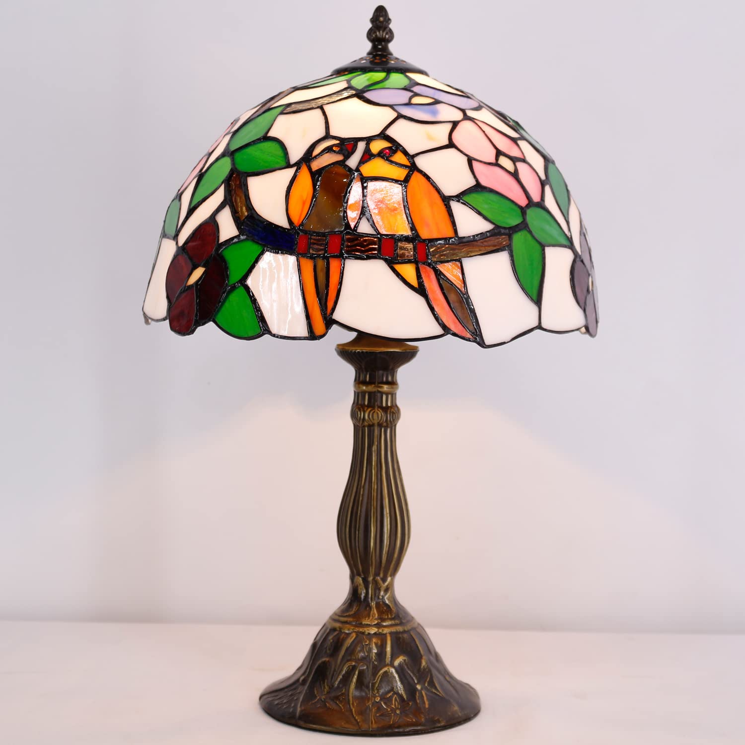 WERFACTORY Tiffany Table Lamp, Stained Glass Bedside Light, 12x12x18 Inches, Double Tropical Birds S803 Series