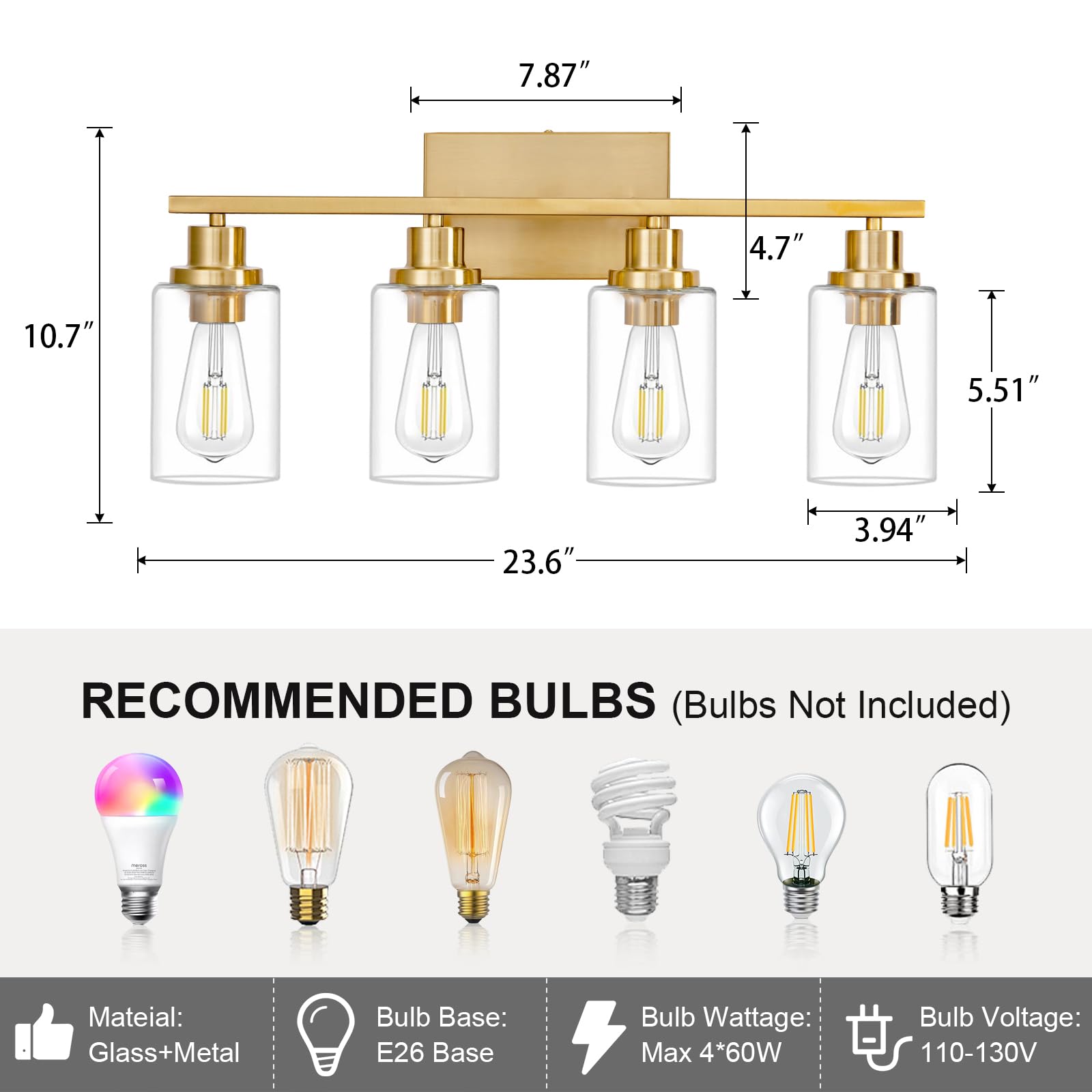 HCCZ 4 Light Bathroom Light Fixtures Brushed Brass Glass Shade Vanity Light Sconces Model 800-100-1081