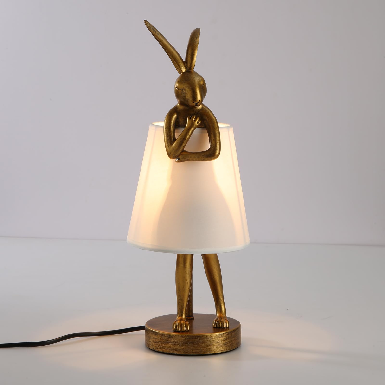 Nordiem Cute Rabbit Animal Table Lamp, Creative Gold Resin Apron Led Desk Light,White Linen Shade,15.7'', Home Decor Eye Protect