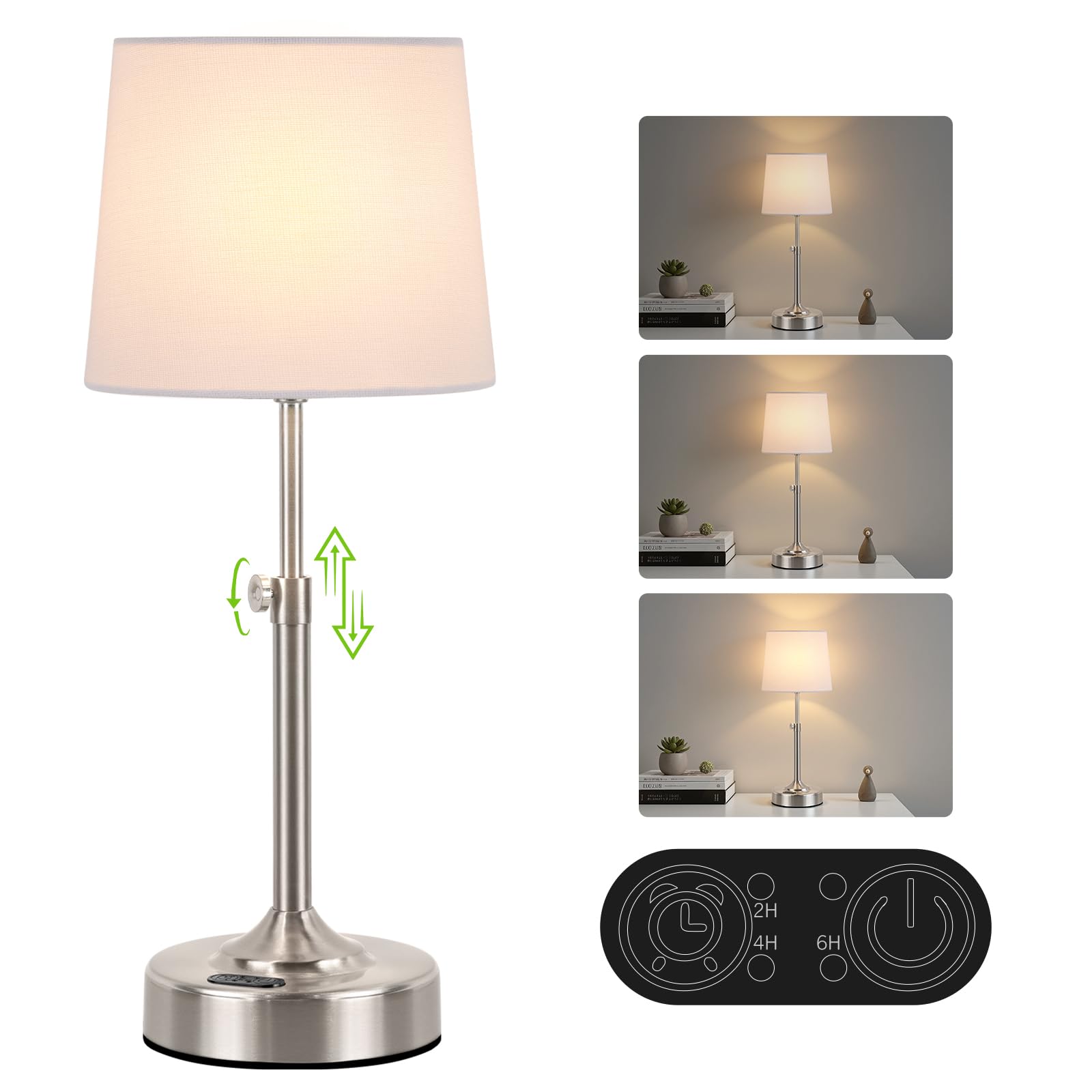 Height Adjustable Cordless Table Lamp with 2H/4H/6H Timer, Rechargeable Battery Operated Lamp Dimmable, Portable Battery Lamp fo