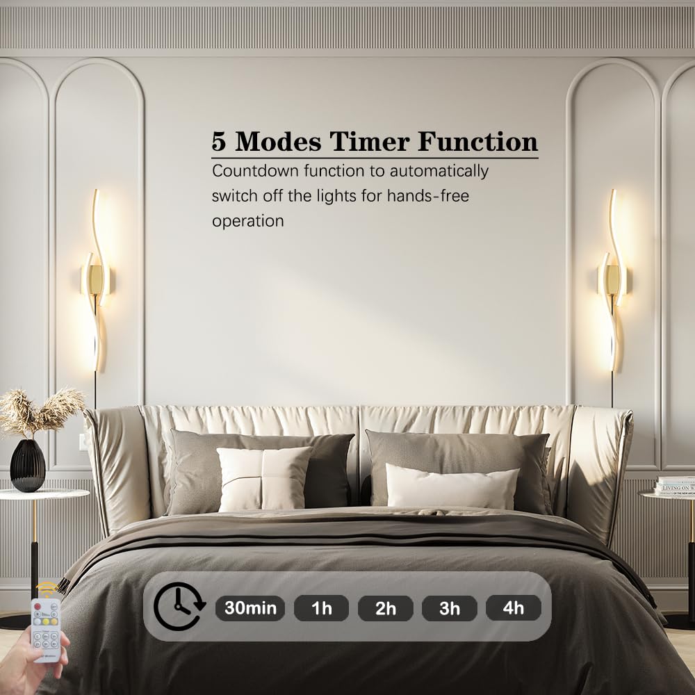 Daunton Modern Gold Plug-in Wall Sconce Set of 2, Dimmable LED Lighting, 27.5in, Metal, Remote Control for Living Room, Bedroom, Hallway