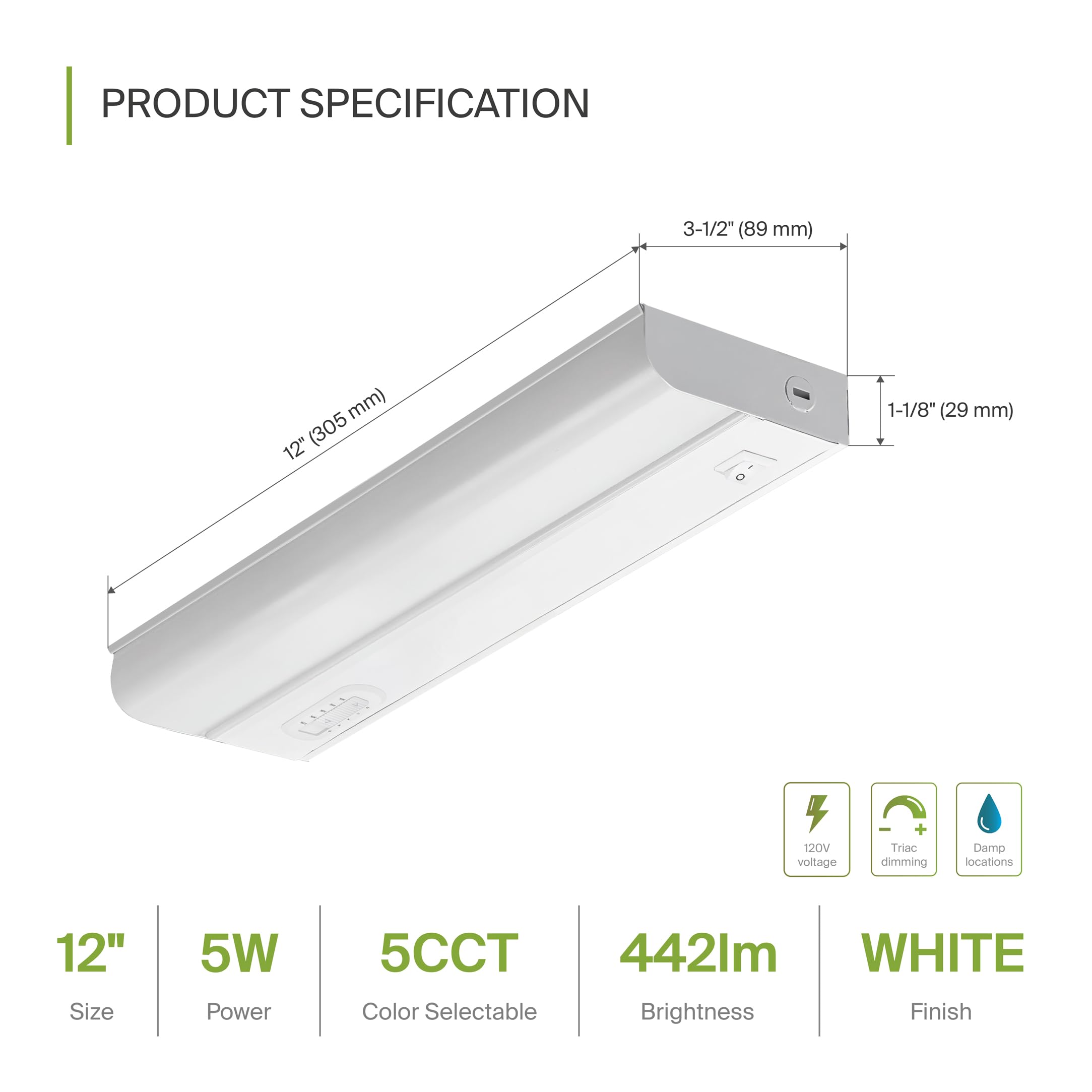 Asd 12 Inch Led Under Cabinet Lighting Hardwired, On/Off & Color Temp Switch, 5W 442Lm, 5 Cct 2700K-5000K Cri90+, Dimmable Under