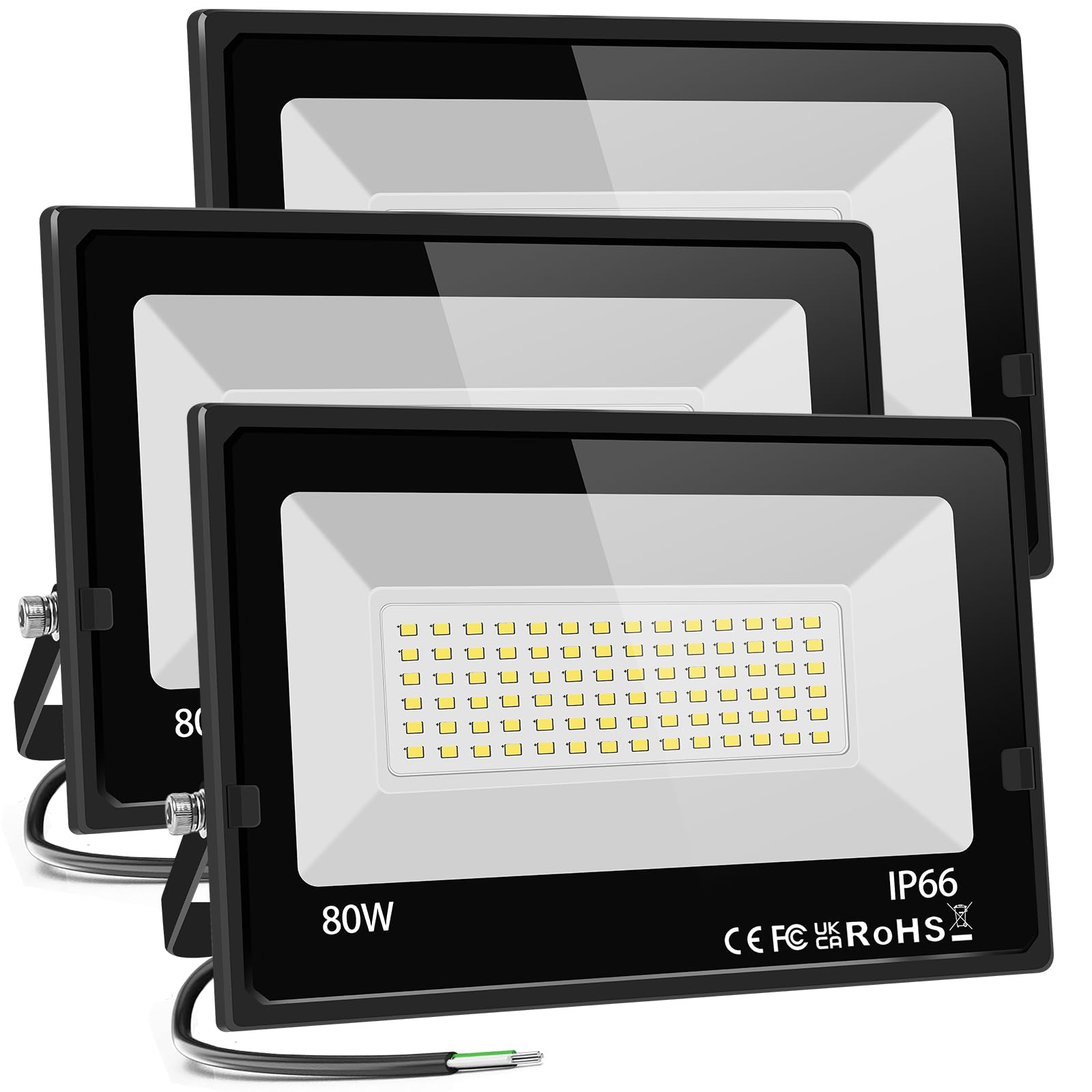Lolpetik 80W Led Flood Lights 3 Pack, 28500Lm, Ip66 Waterproof, Daylight White, Outdoor Security