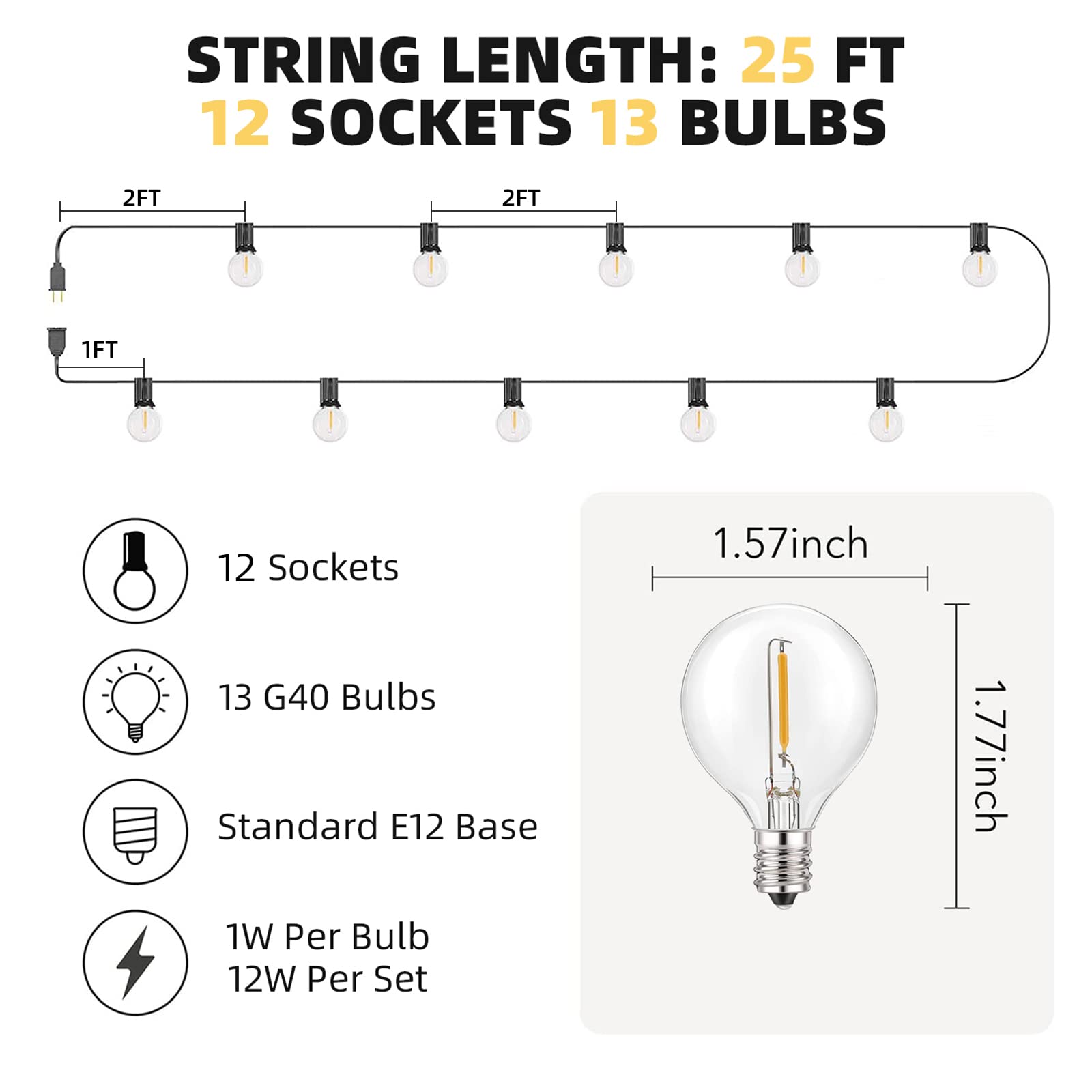 Rtty Outdoor String Lights 25 Ft, G40 Led Patio Globe Lights With 13Pcs Bulbs,Waterproof Shatterproof Dimmable Connectable Hangi