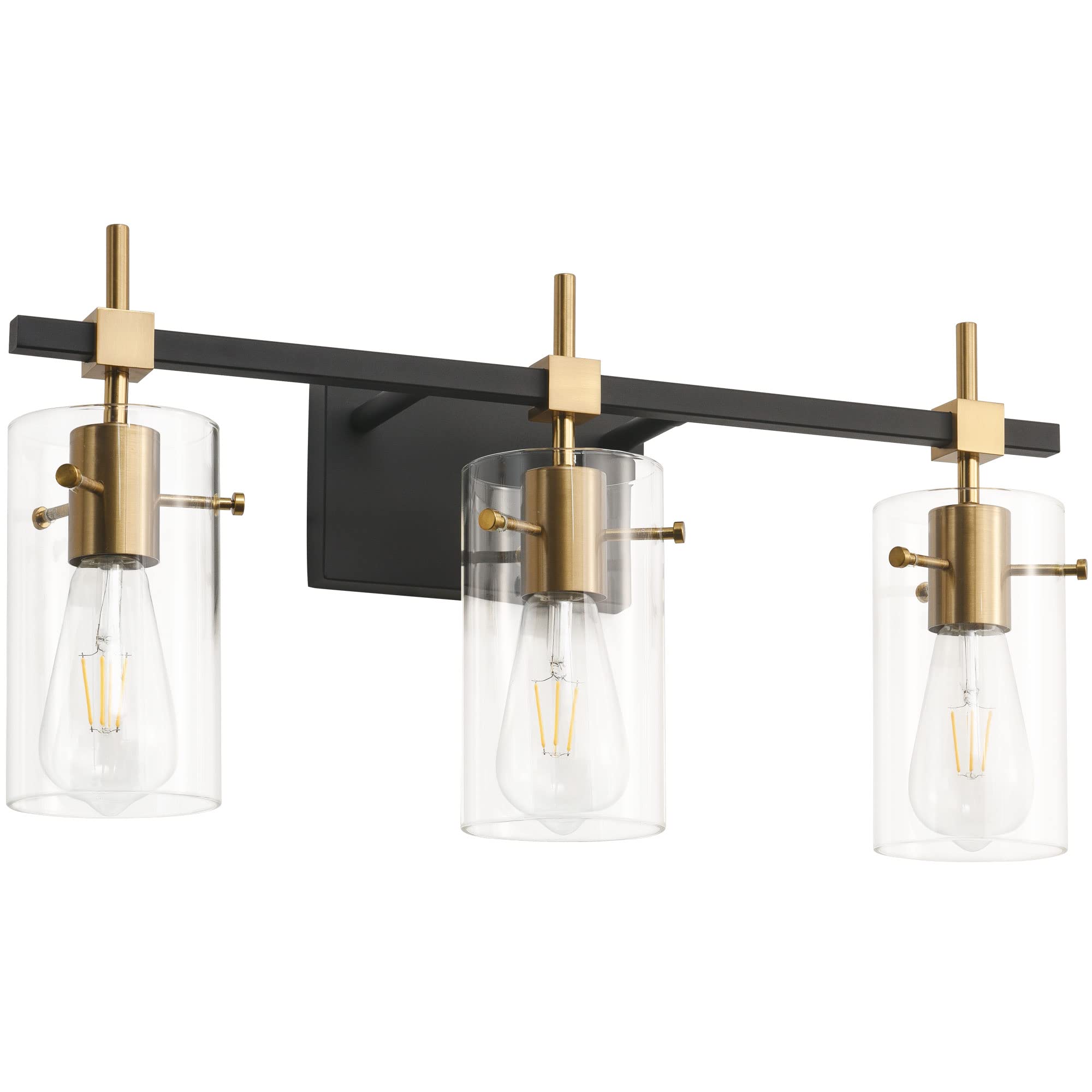 SOLFART Vintage Vanity Light Fixture, 3 Lights, Black & Golden, Glass Shade with Metal, Model 7200-3