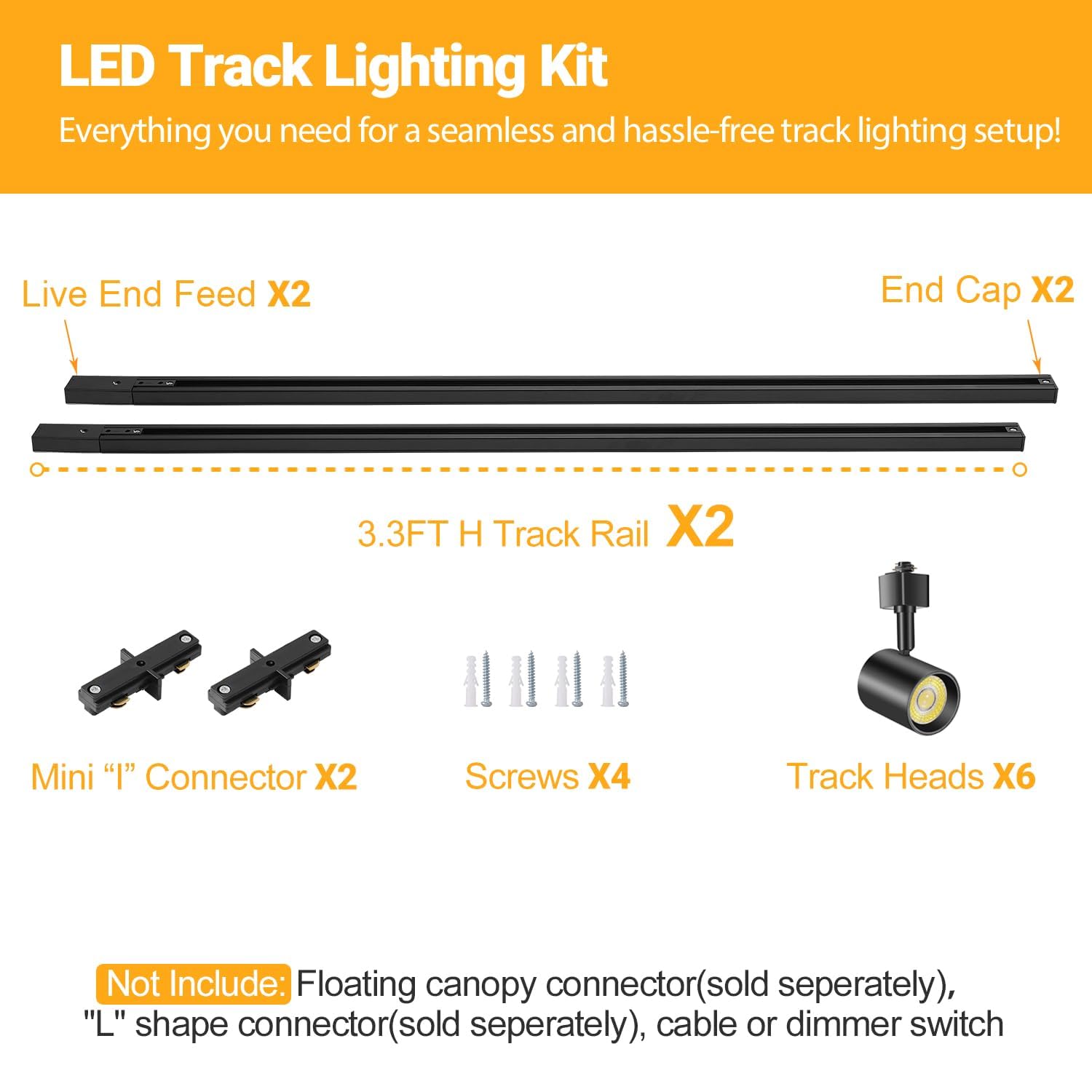 VANoopee LED Track Lighting Kit, 6-Light Dimmable, 6.6FT H Type Rail, Black, Model ITK10W5CCTB6, CRI90