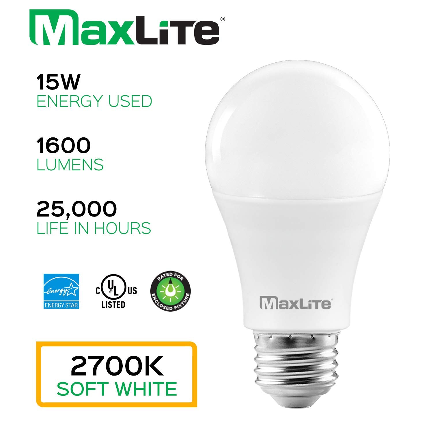 Maxlite A19 LED Bulb 100W Equivalent 1600 Lumens Dimmable E26 Base 4-Pack Soft White 2700K Enclosed Fixture Rated