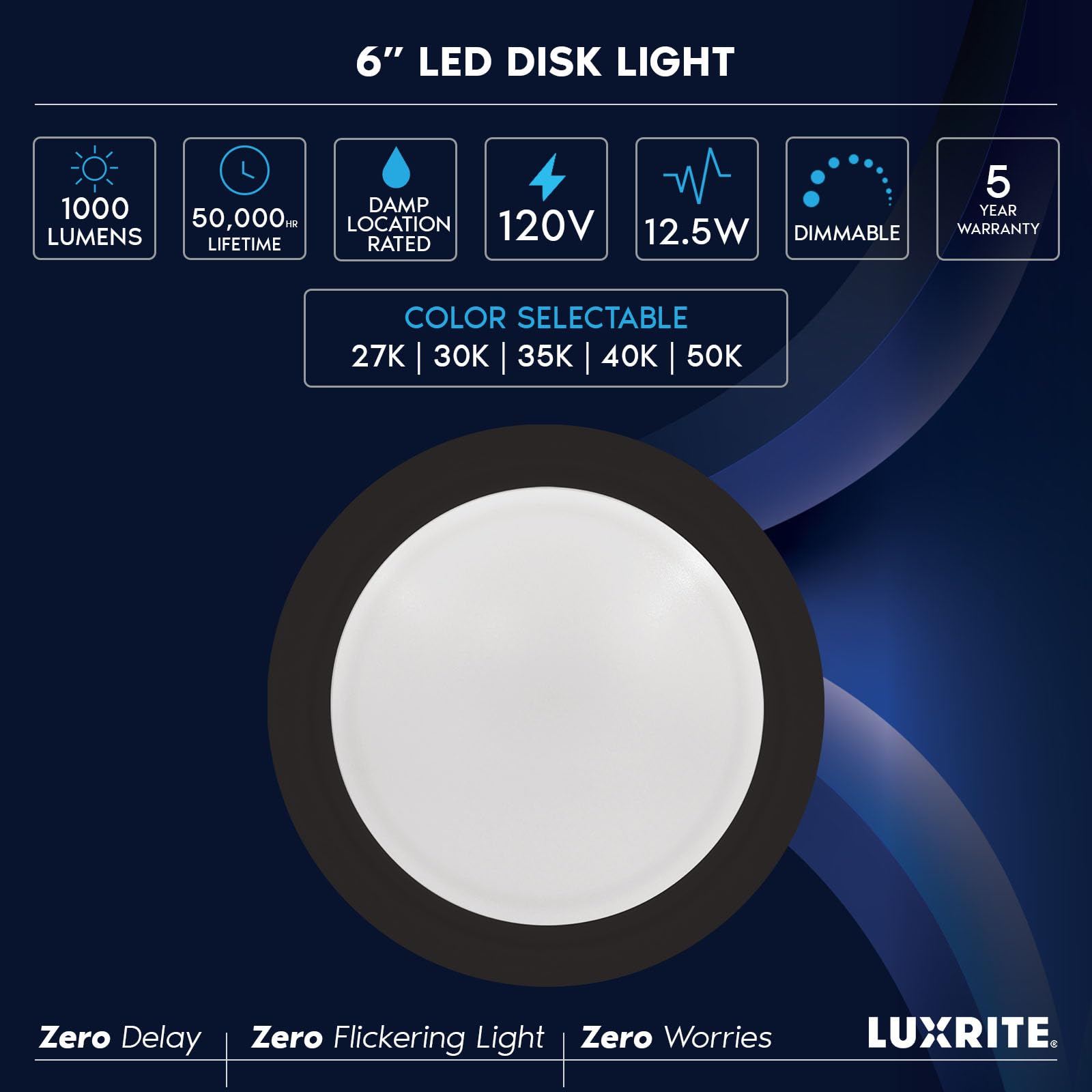 Luxrite 6 Inch Led Disk Light - Dimmable Flush Mount, 12.5W, 1000Lm, 5Cct, Black, Damp Rated, Model Lr238