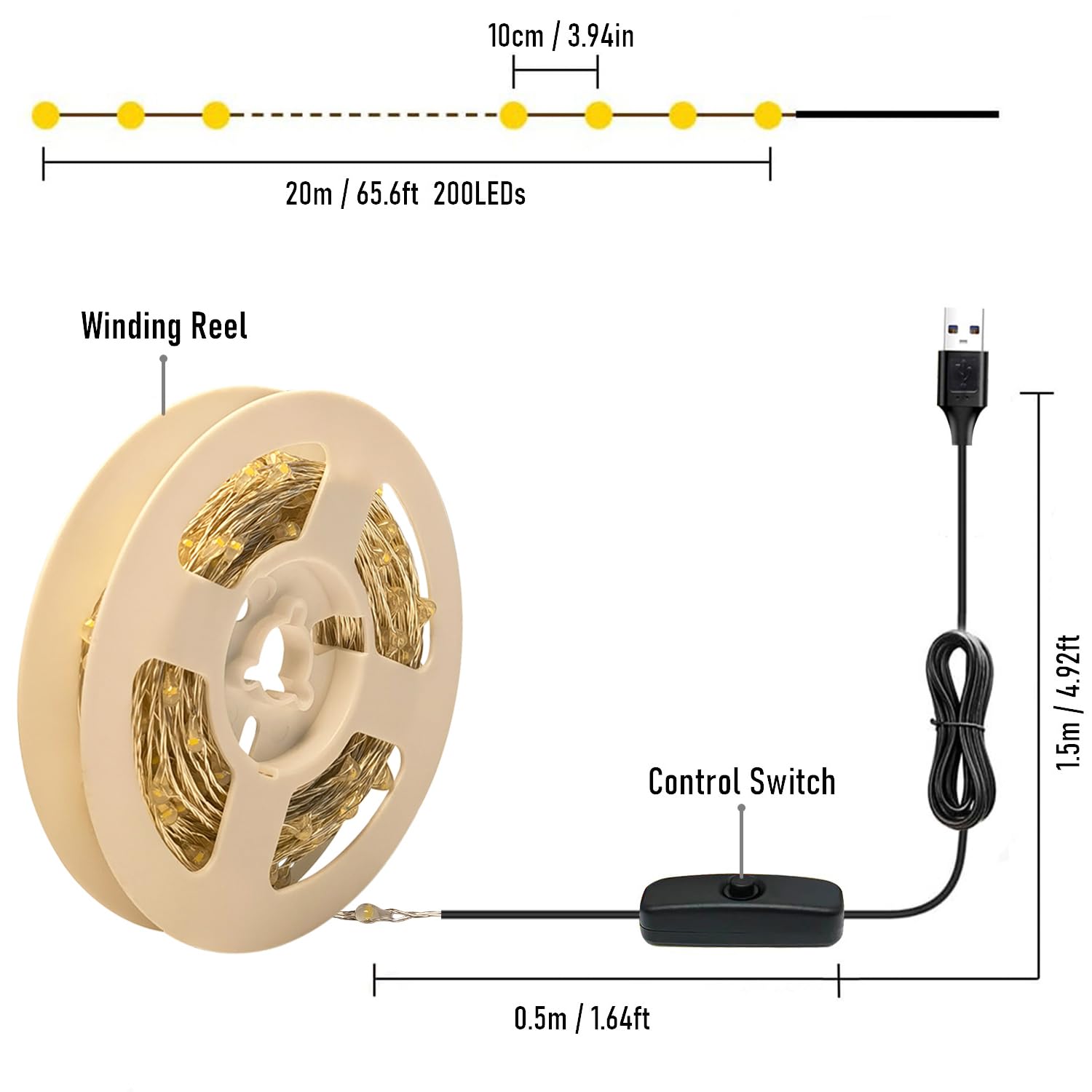 Ruichen 66 Ft 200 Led Warm White Usb String Lights, Copper Wire Fairy Lights With Switch