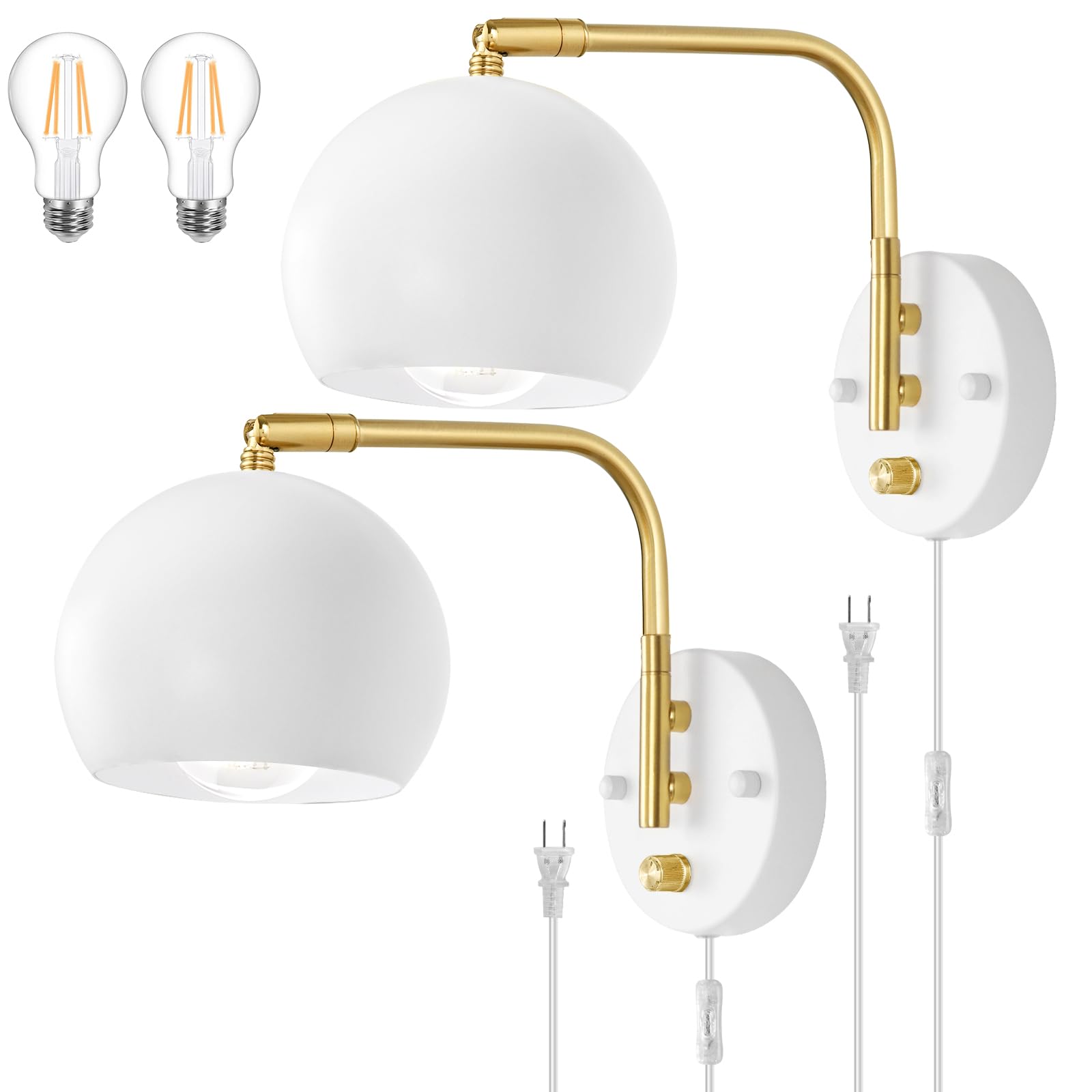 VATONI Wall Sconces Plug in, Dimmable Swing Arm Lights, 2 Pack, White Globe, Metal, Model LSlamp-Whtsh-2P