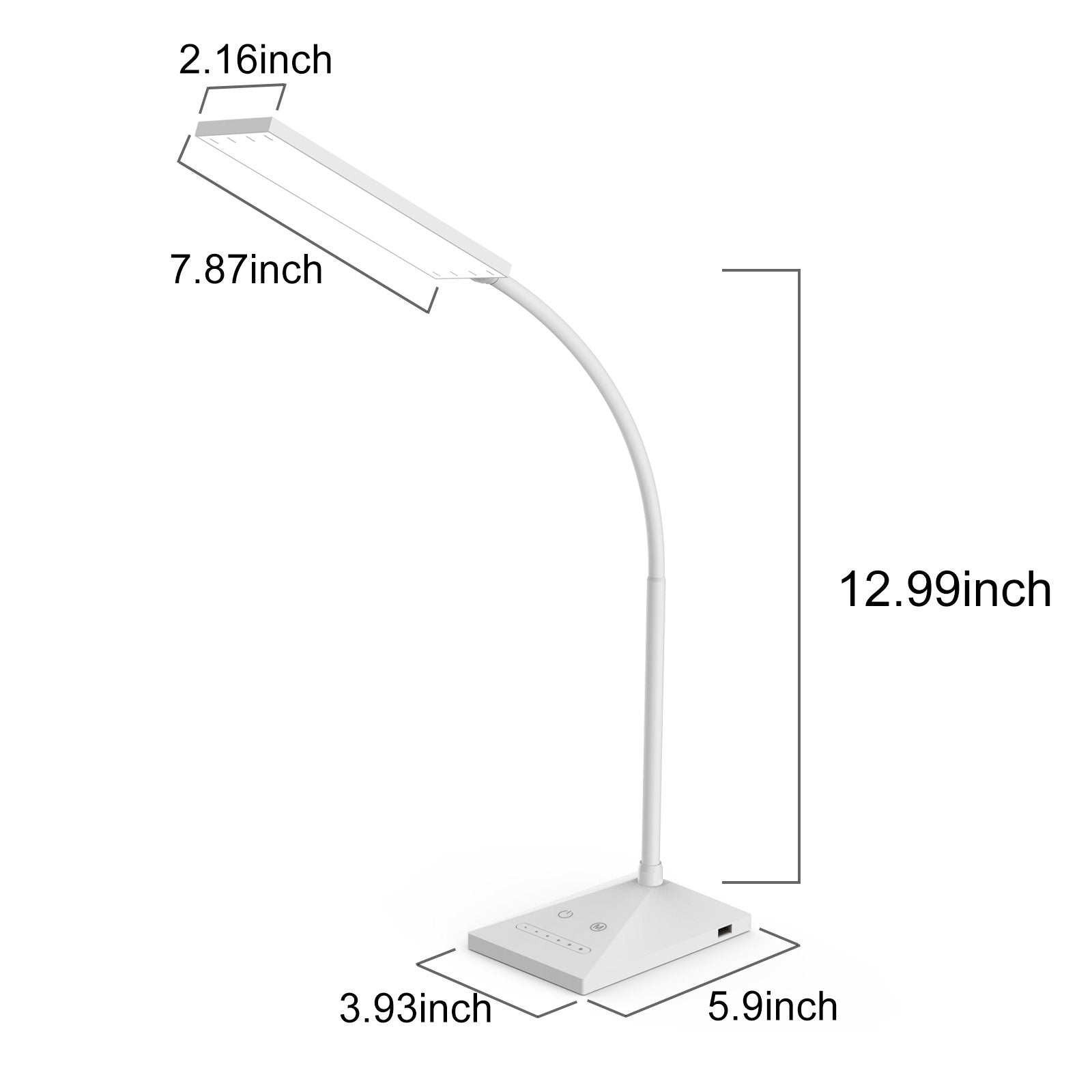 RAOYI LED Desk Lamp, 12W Dimmable Eye-Caring Light, Touch Control, 5 Color Modes, USB Charging, White, Model LAM10A