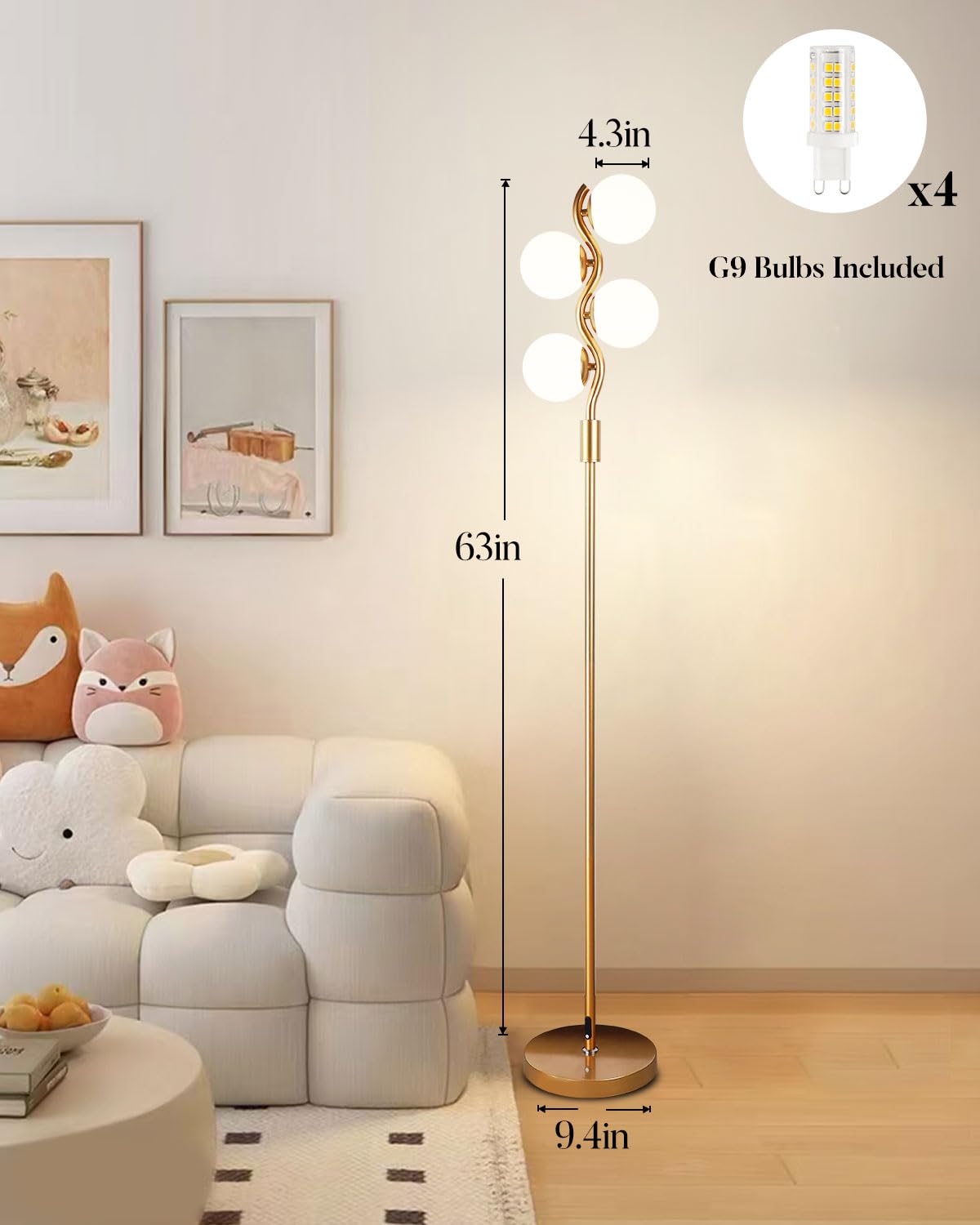 Lightdot 64In Dimmable Globe Floor Lamp, Gold Standing Lamps With 4Pcs 3000K G9 Bulbs Soft Warm White Eye Care, Mid Century Floo
